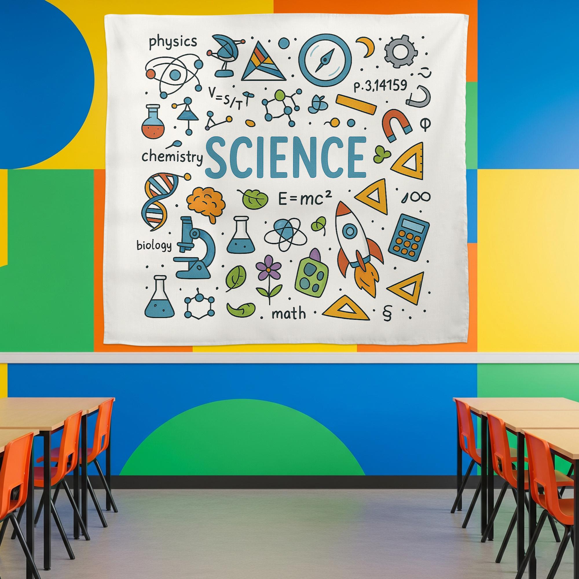 Colorful Science Classroom Tapestry, STEM Wall Art for Teachers, Educational School Banner, Science Decor for Kids Room