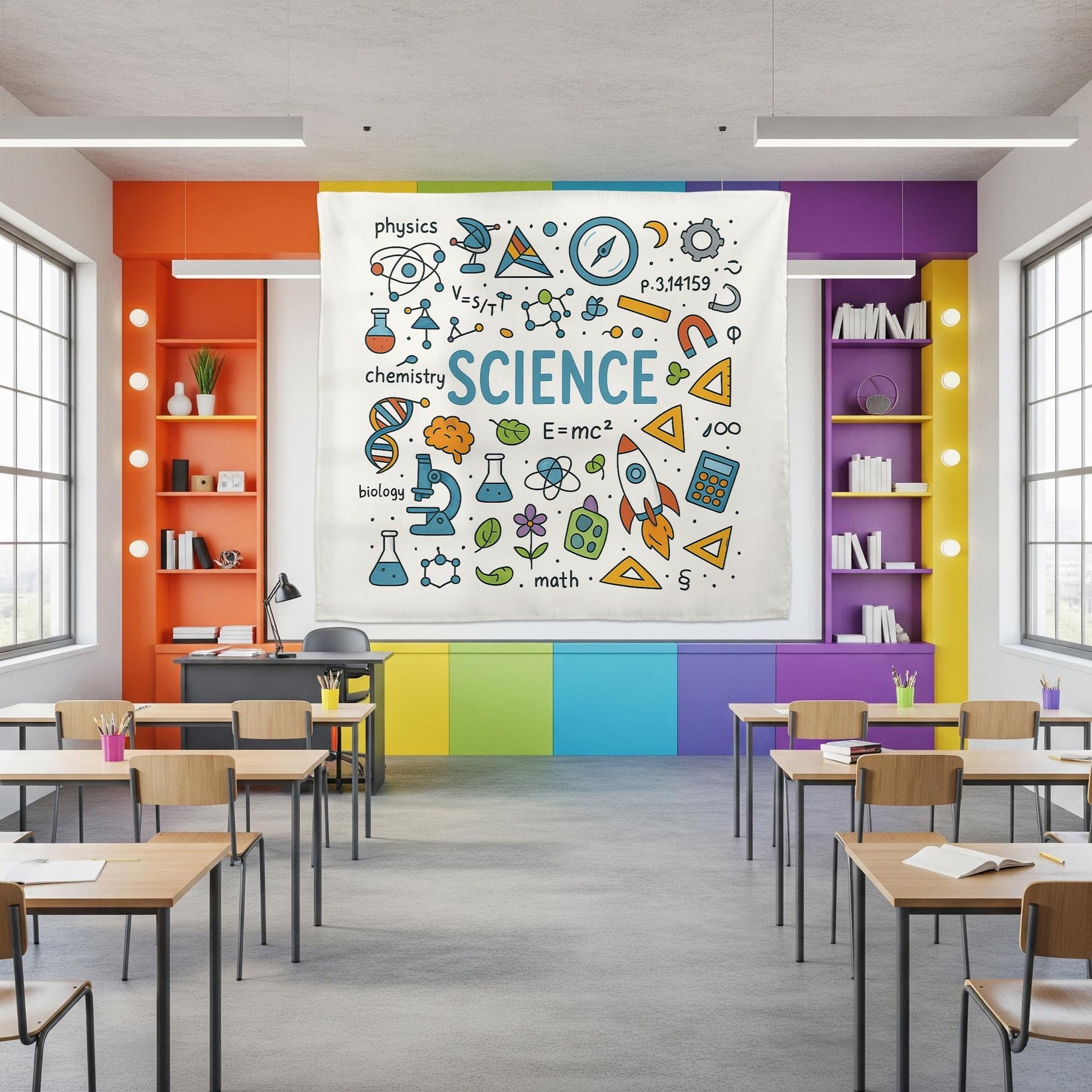 Colorful Science Classroom Tapestry, STEM Wall Art for Teachers, Educational School Banner, Science Decor for Kids Room