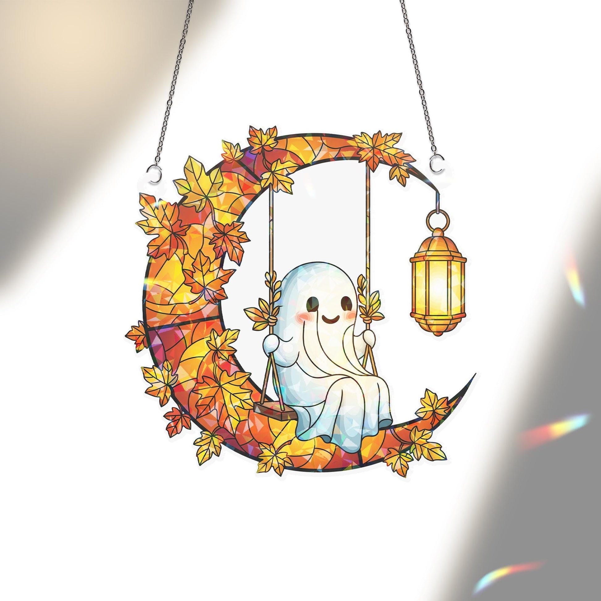 Halloween Ghost on Moon Acrylic Suncatcher, Autumn Leaves Window Hanging with Lantern, Cute Fall Home and Party Decoration