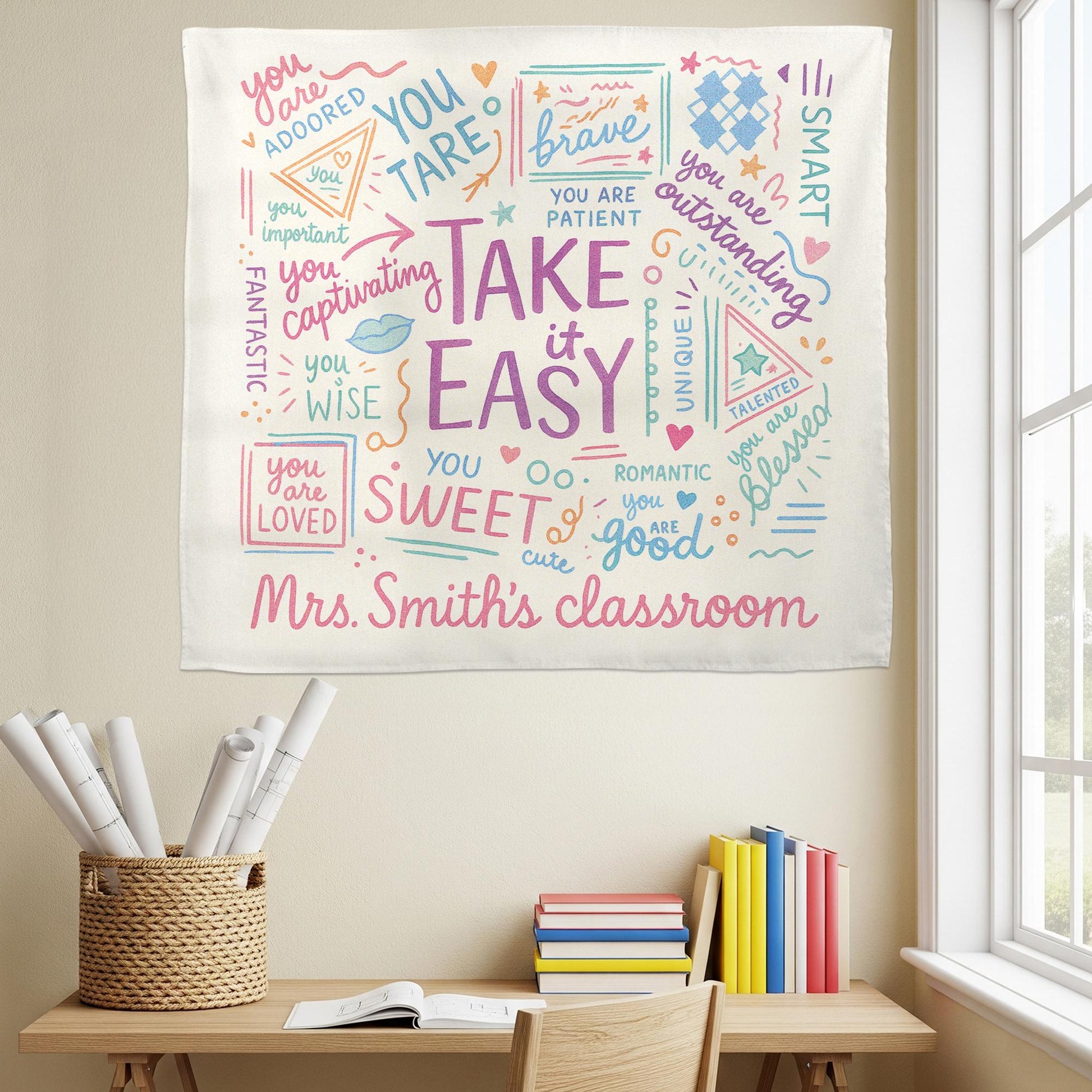Take It Easy Classroom Tapestry, Encouraging Teacher Wall Decor, Positive Affirmation Banner, Cute Back to School Sign