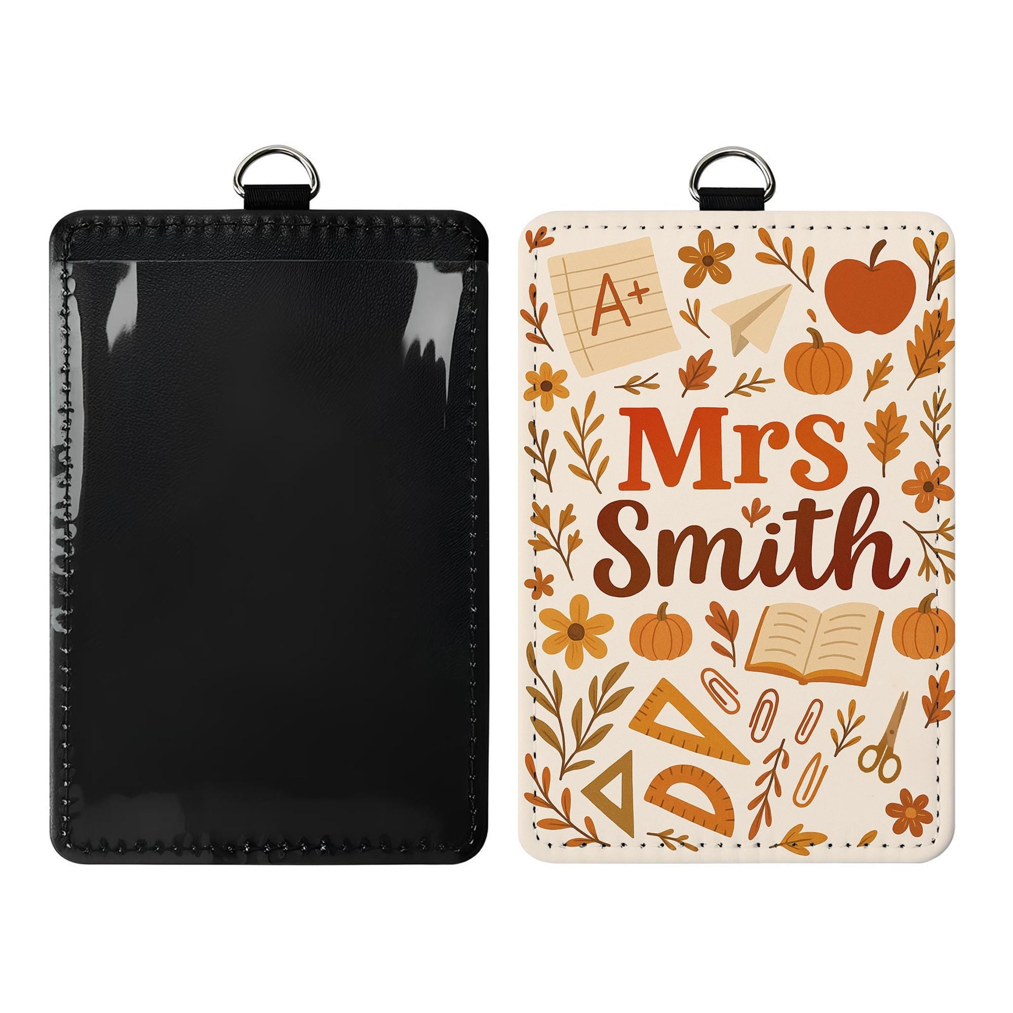 Personalized Teacher Badge Holder, Cute Fall Themed ID Tag, Custom Name Lanyard for School Staff, Autumn Teacher Gift