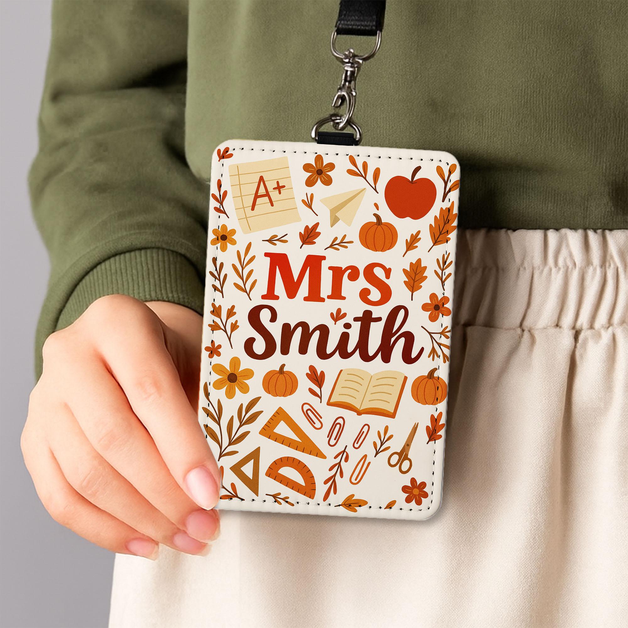 Personalized Teacher Badge Holder, Cute Fall Themed ID Tag, Custom Name Lanyard for School Staff, Autumn Teacher Gift