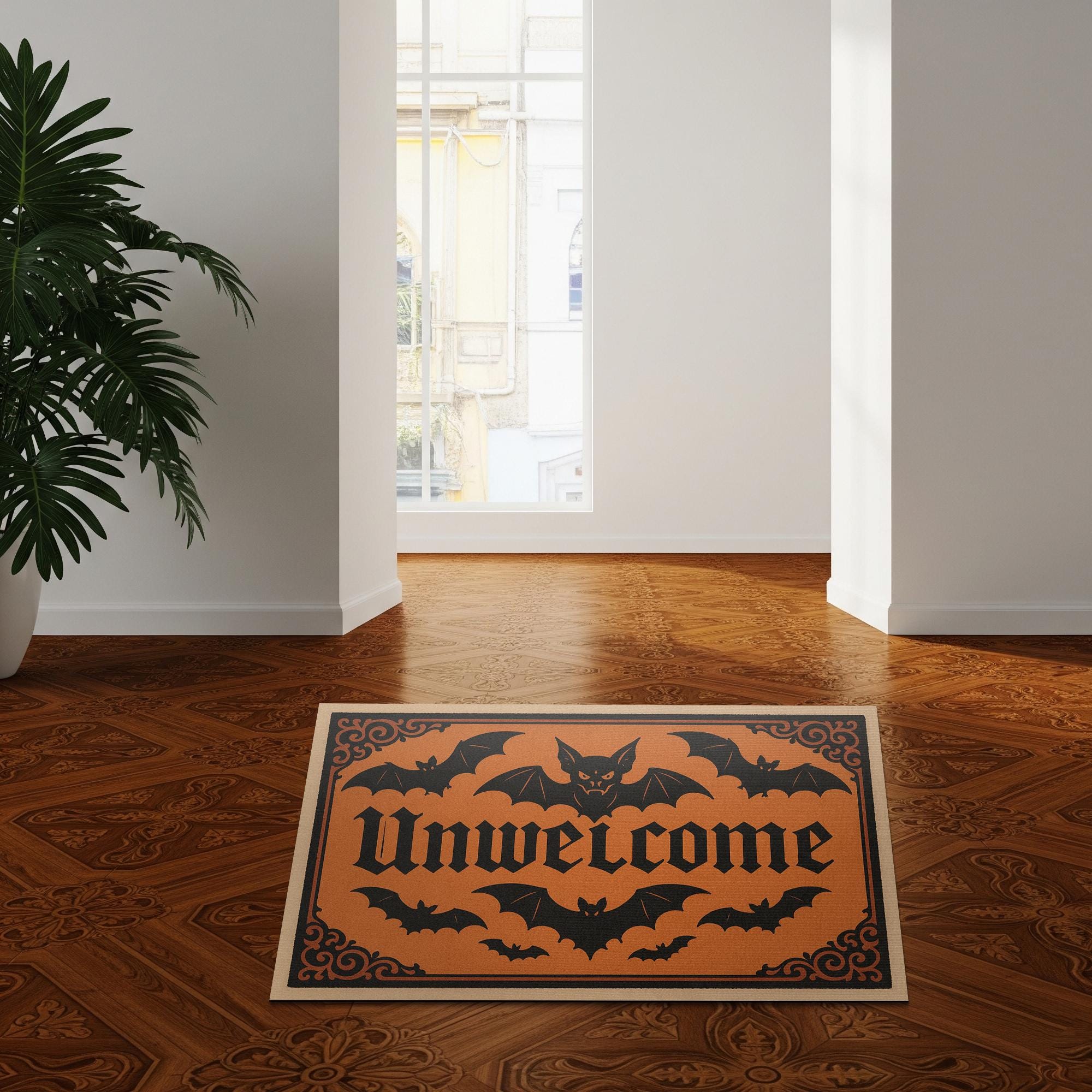 Unwelcome Halloween Doormat, Funny Bat Door Mat, Gothic Front Porch Decor, Spooky Entrance Rug, Creepy Welcome Mat