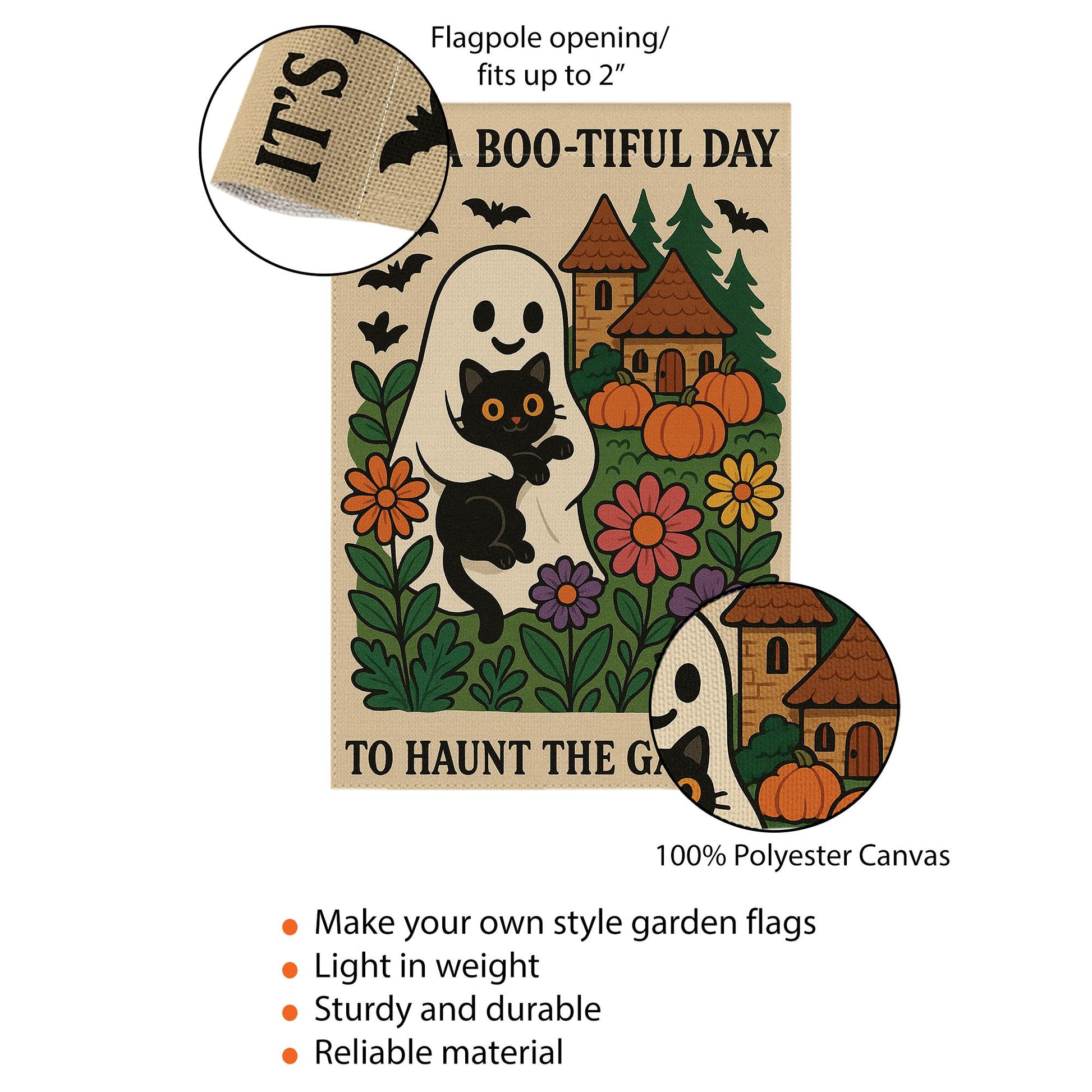 Halloween Garden Flag, Boo-tiful Day Ghost Cat Banner, Cute Spooky Outdoor Decor, Fall Yard Flag with Pumpkins and Flowers