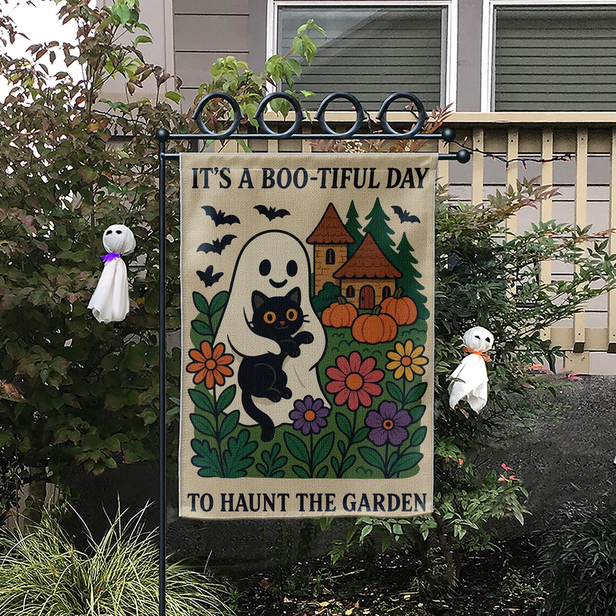 Halloween Garden Flag, Boo-tiful Day Ghost Cat Banner, Cute Spooky Outdoor Decor, Fall Yard Flag with Pumpkins and Flowers