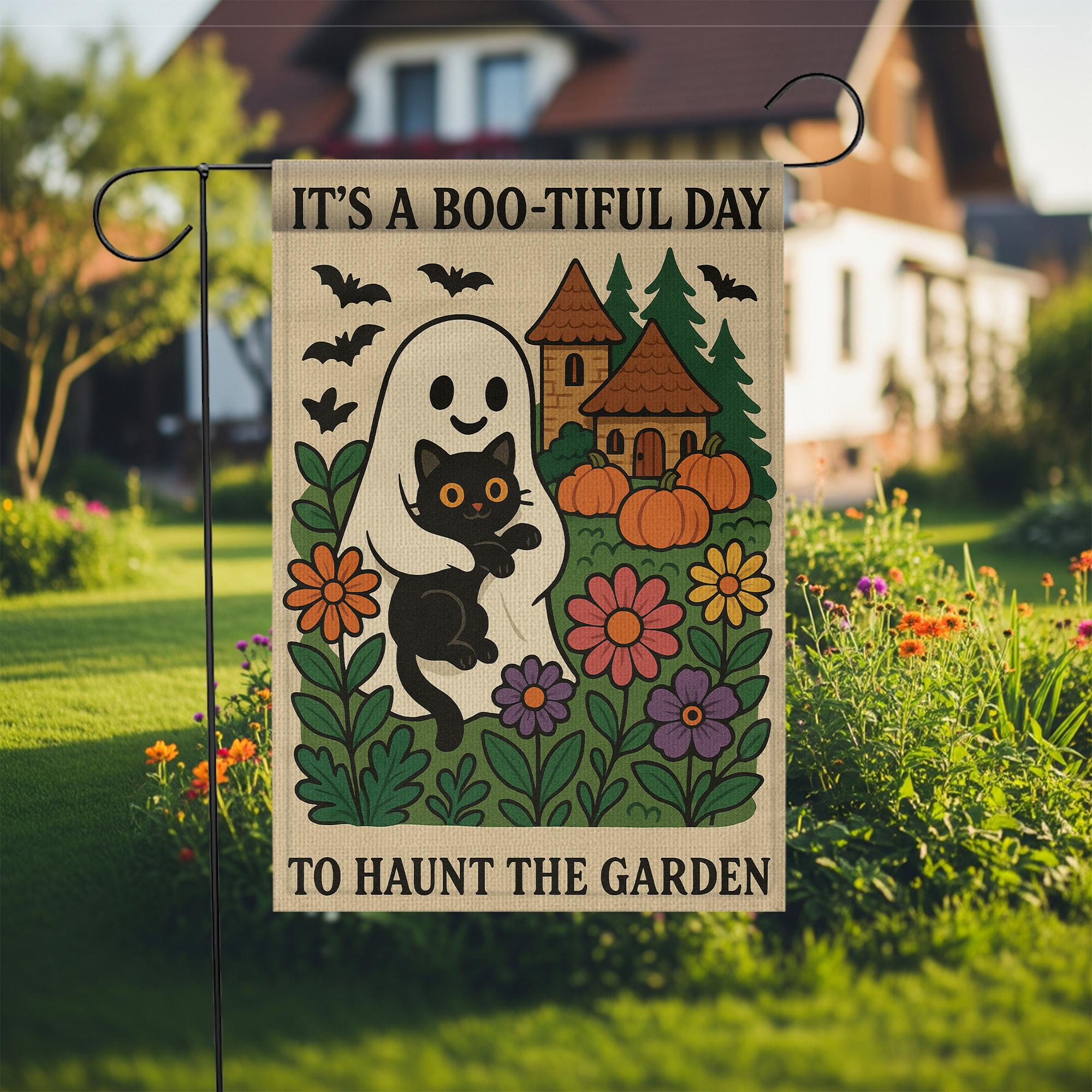 Halloween Garden Flag, Boo-tiful Day Ghost Cat Banner, Cute Spooky Outdoor Decor, Fall Yard Flag with Pumpkins and Flowers