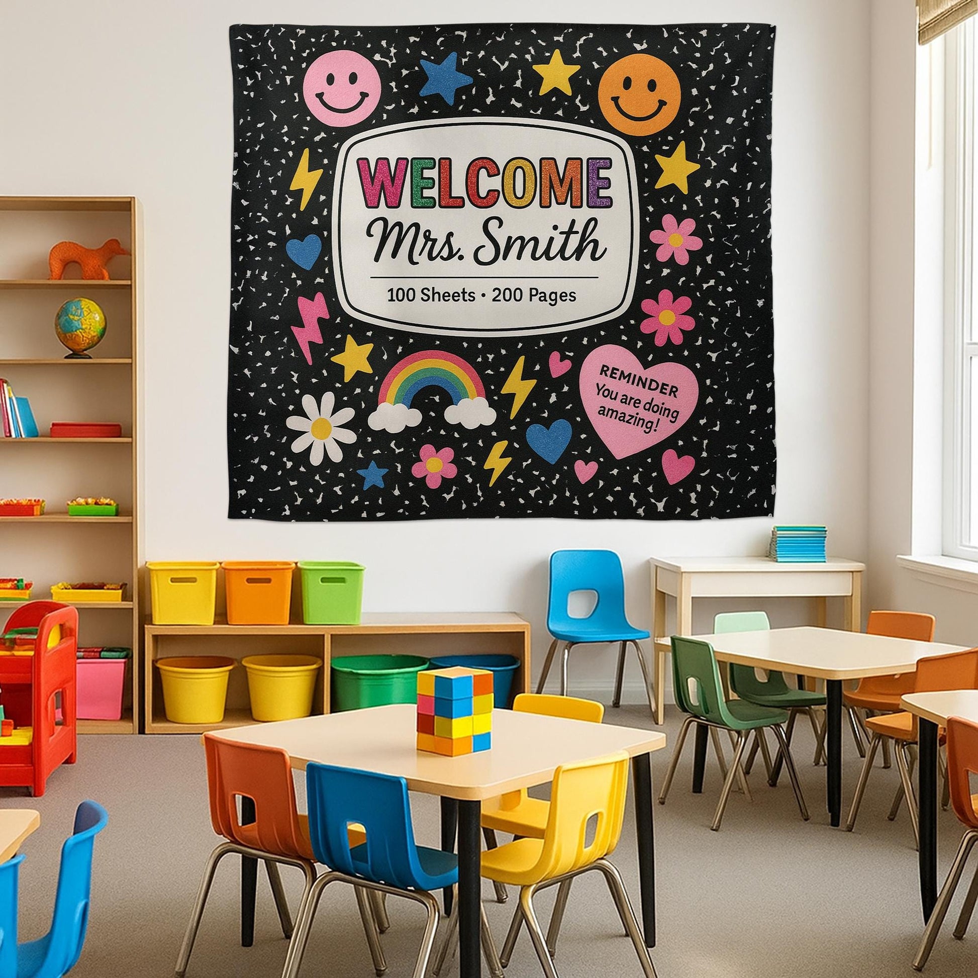 Welcome Classroom Tapestry, Cute Notebook Theme Wall Decor, Rainbow Smiley School Banner, Teacher Back to School Sign