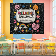 Welcome Classroom Tapestry, Cute Notebook Theme Wall Decor, Rainbow Smiley School Banner, Teacher Back to School Sign
