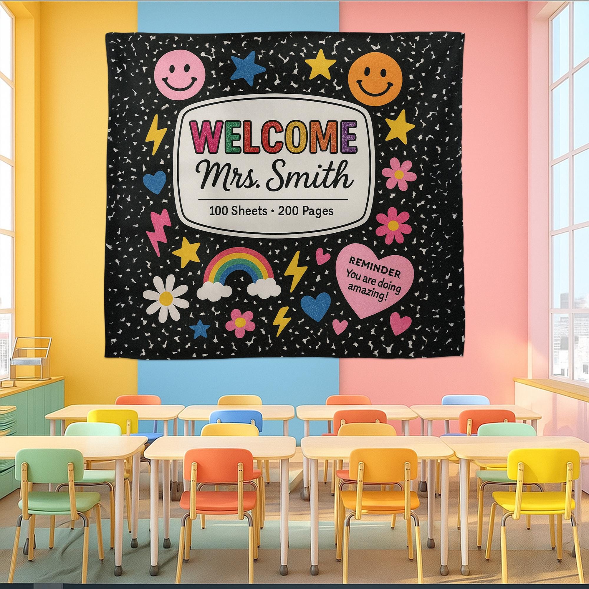 Welcome Classroom Tapestry, Cute Notebook Theme Wall Decor, Rainbow Smiley School Banner, Teacher Back to School Sign