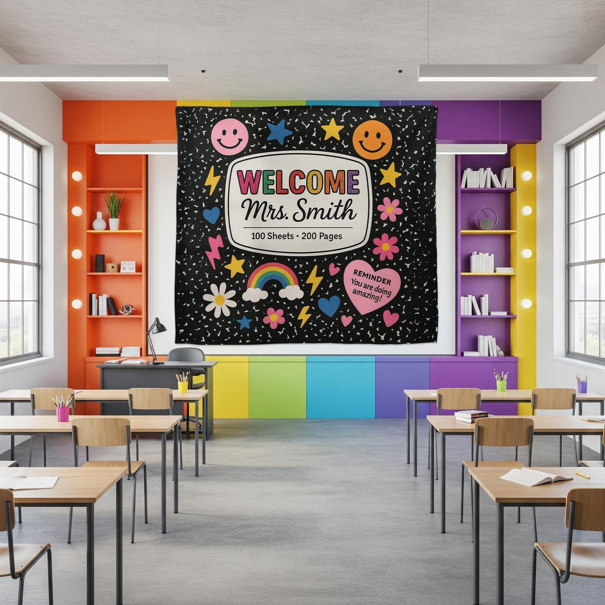 Welcome Classroom Tapestry, Cute Notebook Theme Wall Decor, Rainbow Smiley School Banner, Teacher Back to School Sign