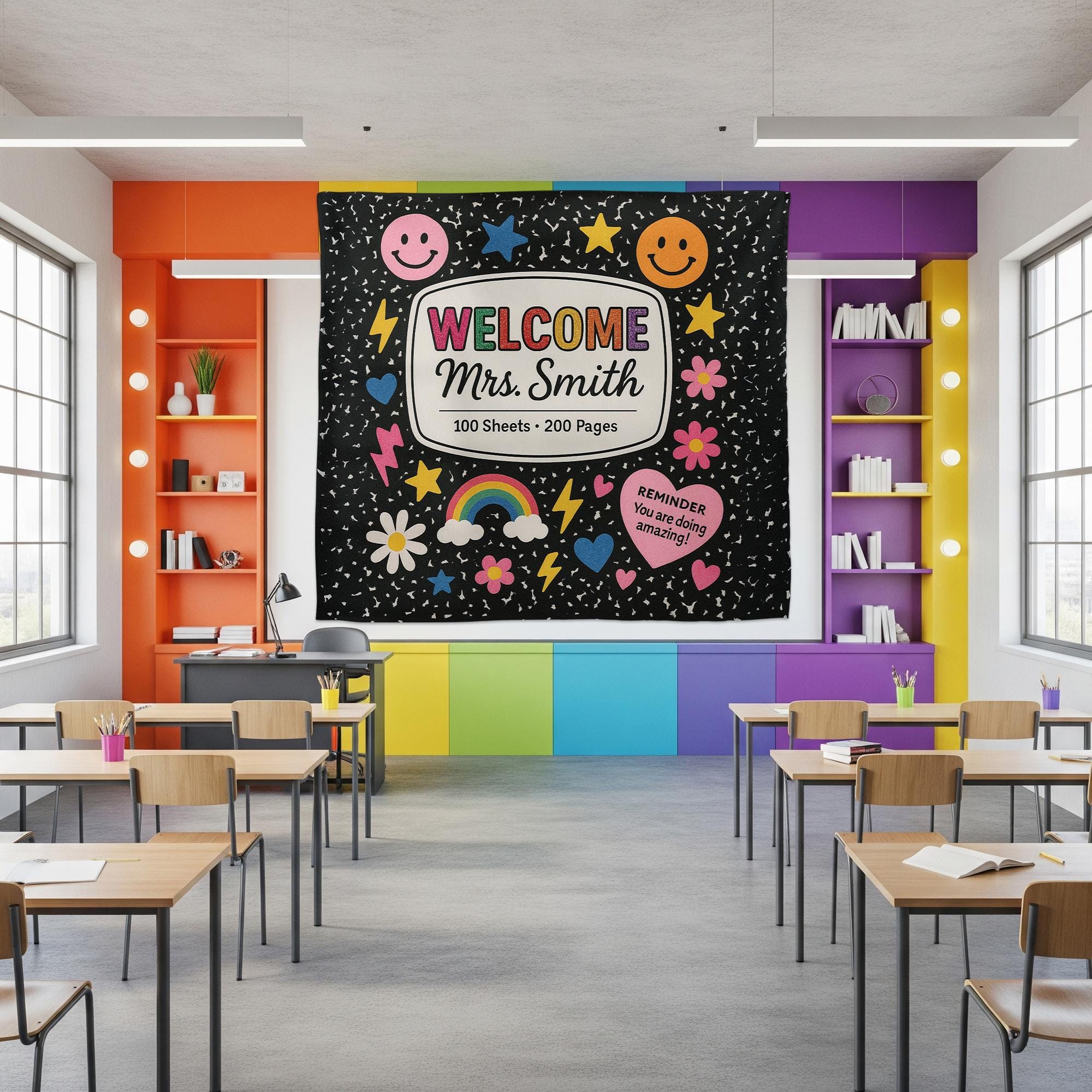 Welcome Classroom Tapestry, Cute Notebook Theme Wall Decor, Rainbow Smiley School Banner, Teacher Back to School Sign