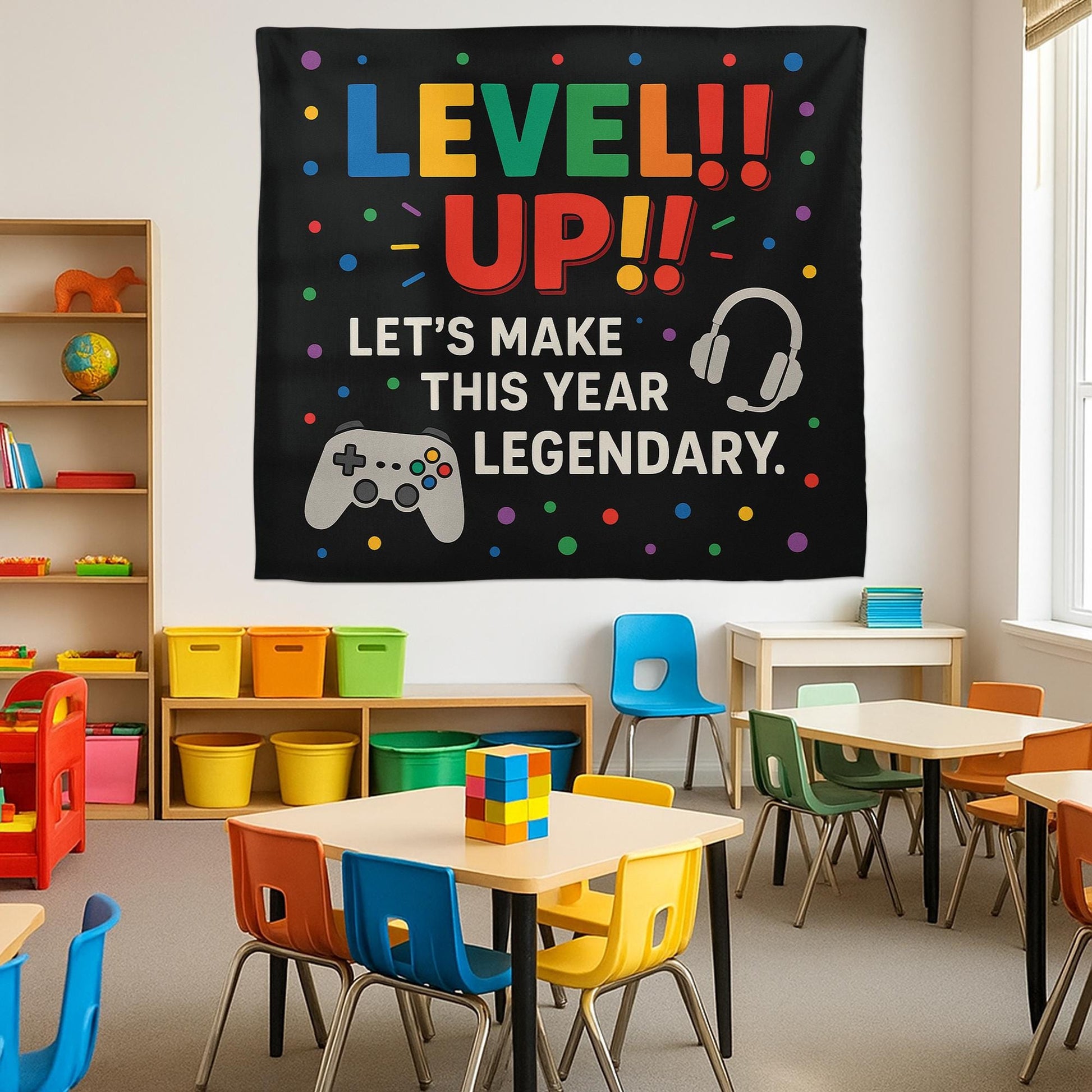 Level Up Classroom Tapestry, Gamer Theme Wall Decor for Teachers, Back to School Poster, Motivational Gaming Classroom Sign