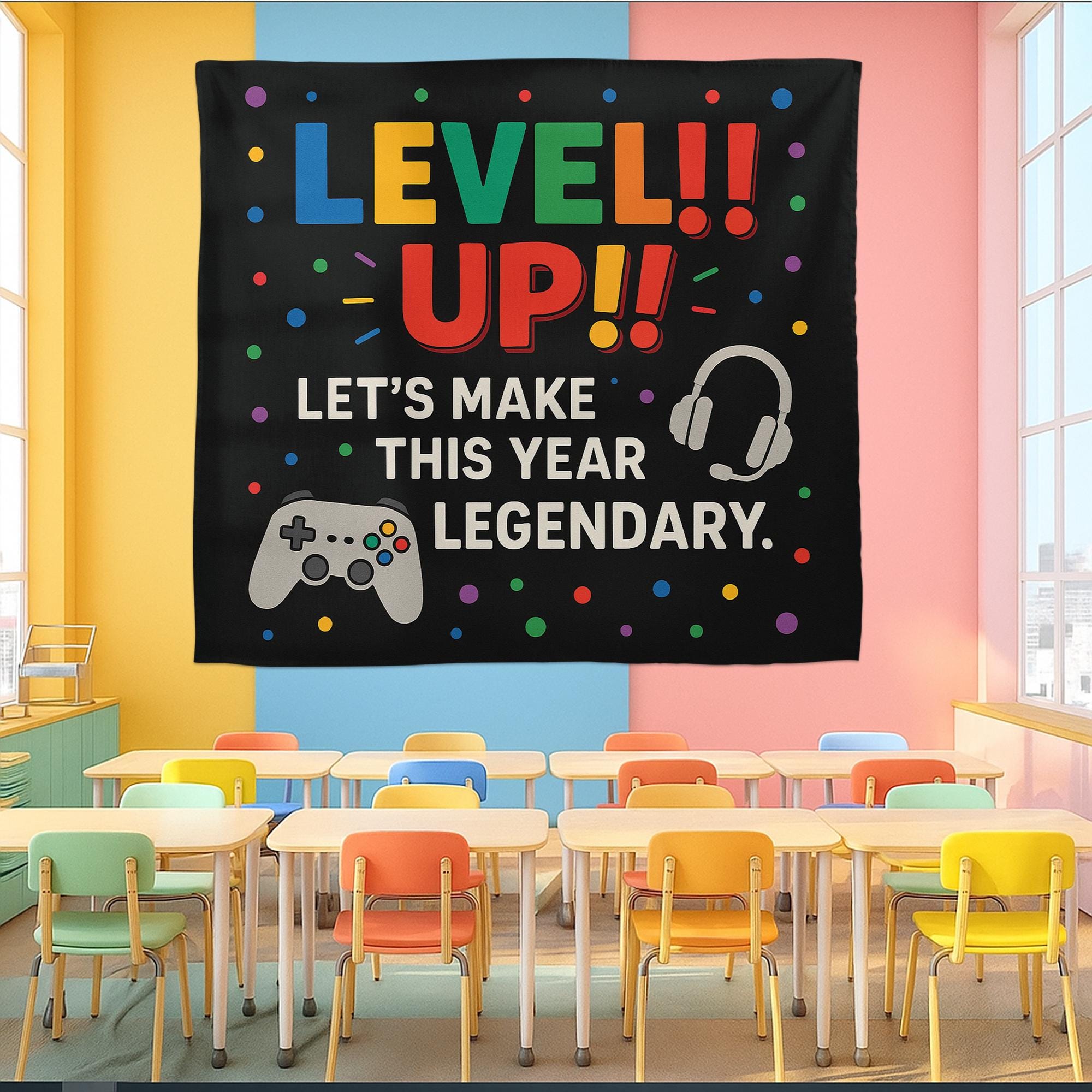 Level Up Classroom Tapestry, Gamer Theme Wall Decor for Teachers, Back to School Poster, Motivational Gaming Classroom Sign
