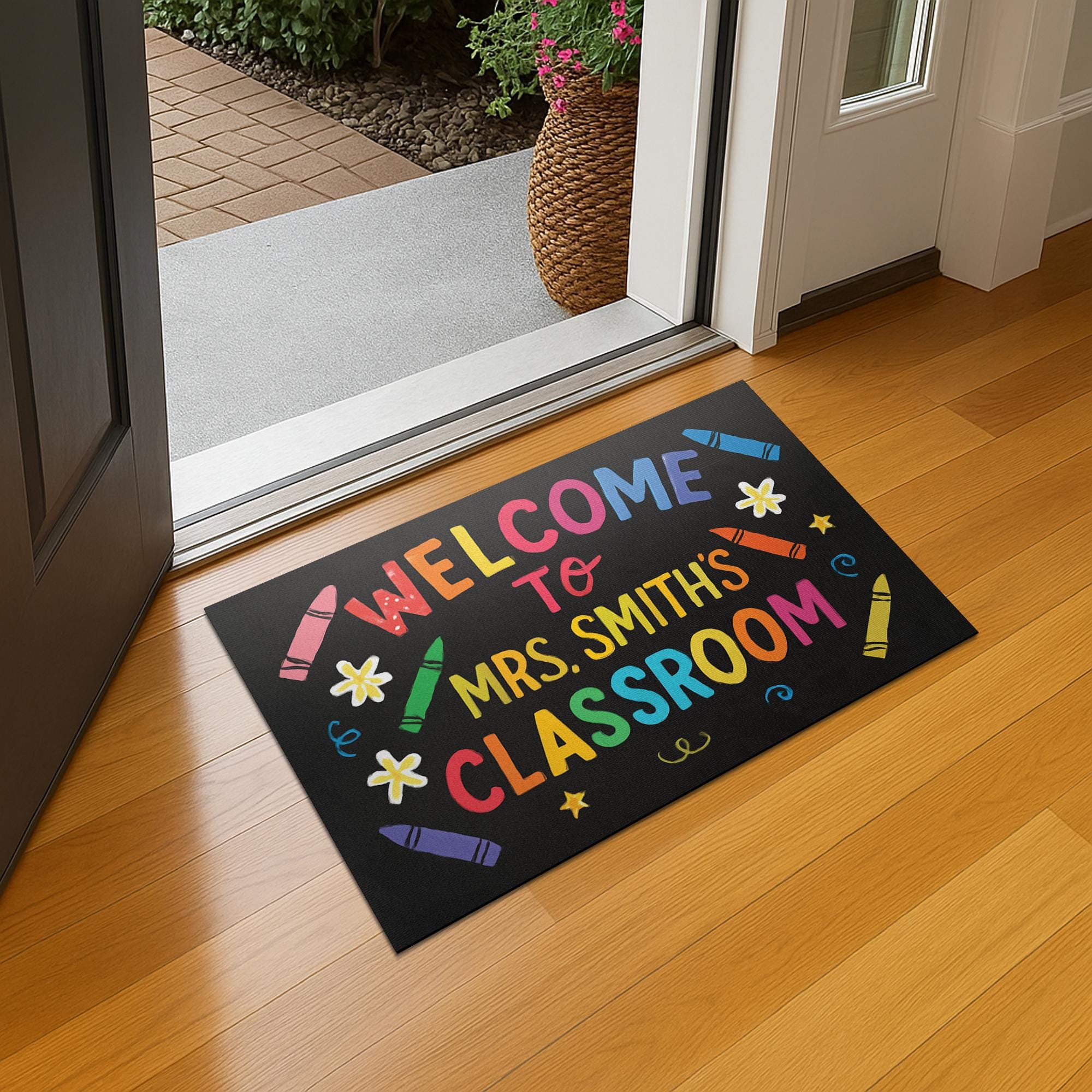 Welcome Mat for Classroom, Personalized Teacher Doormat, Back to School Rug, Cute Door Decor, Teacher Crayon Theme Mat