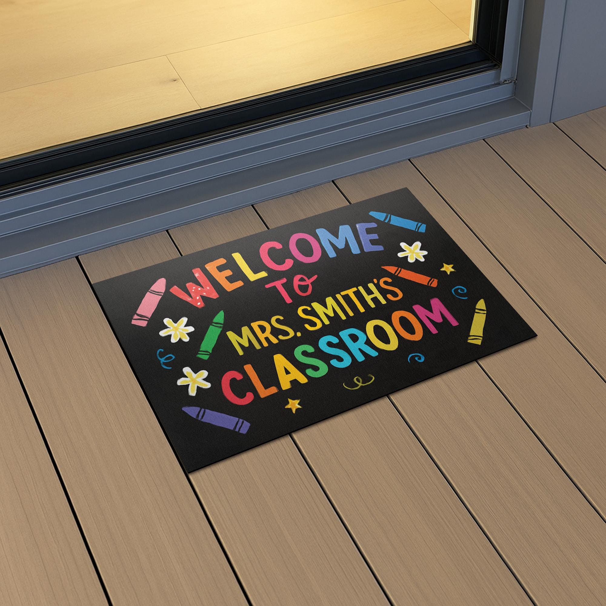 Welcome Mat for Classroom, Personalized Teacher Doormat, Back to School Rug, Cute Door Decor, Teacher Crayon Theme Mat