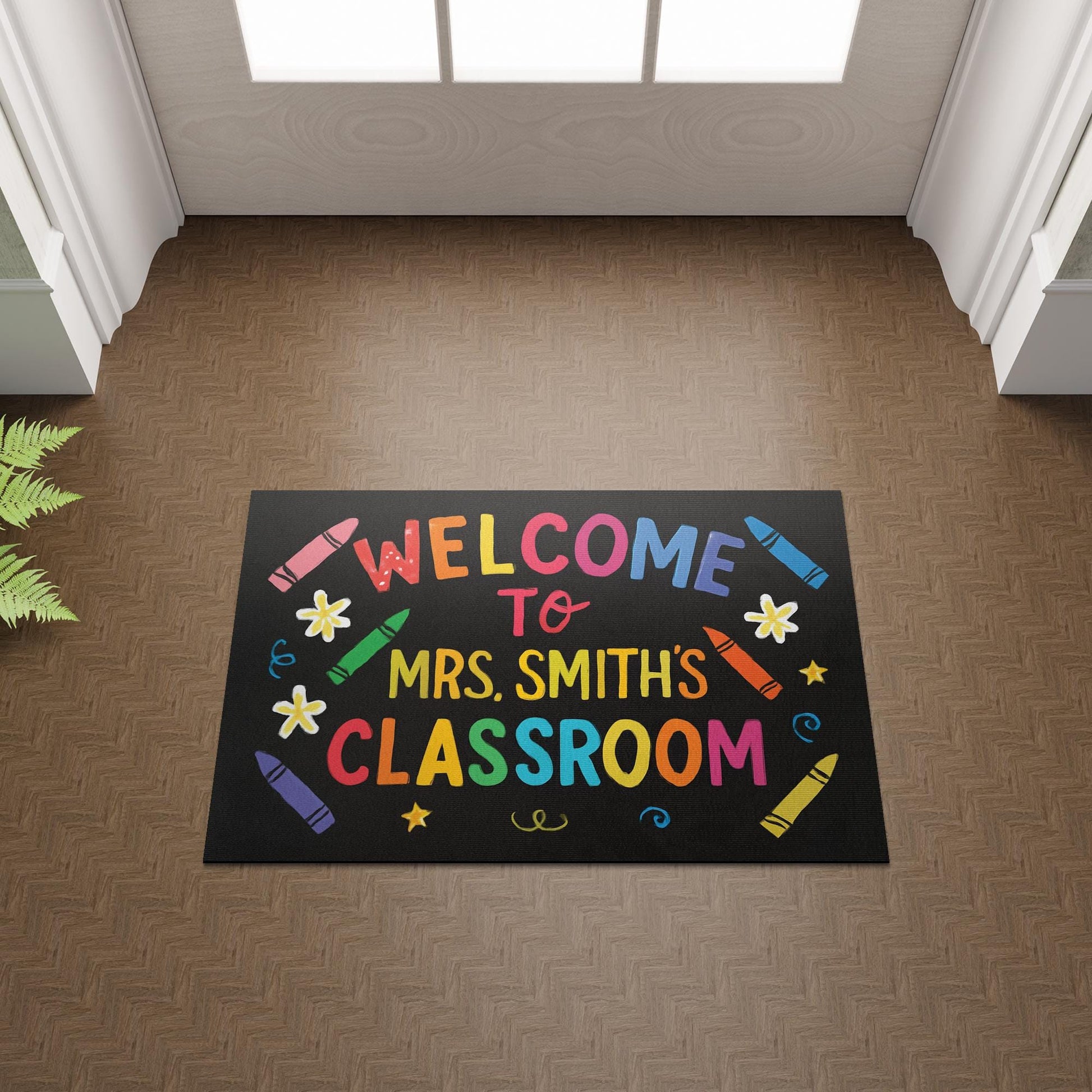 Welcome Mat for Classroom, Personalized Teacher Doormat, Back to School Rug, Cute Door Decor, Teacher Crayon Theme Mat