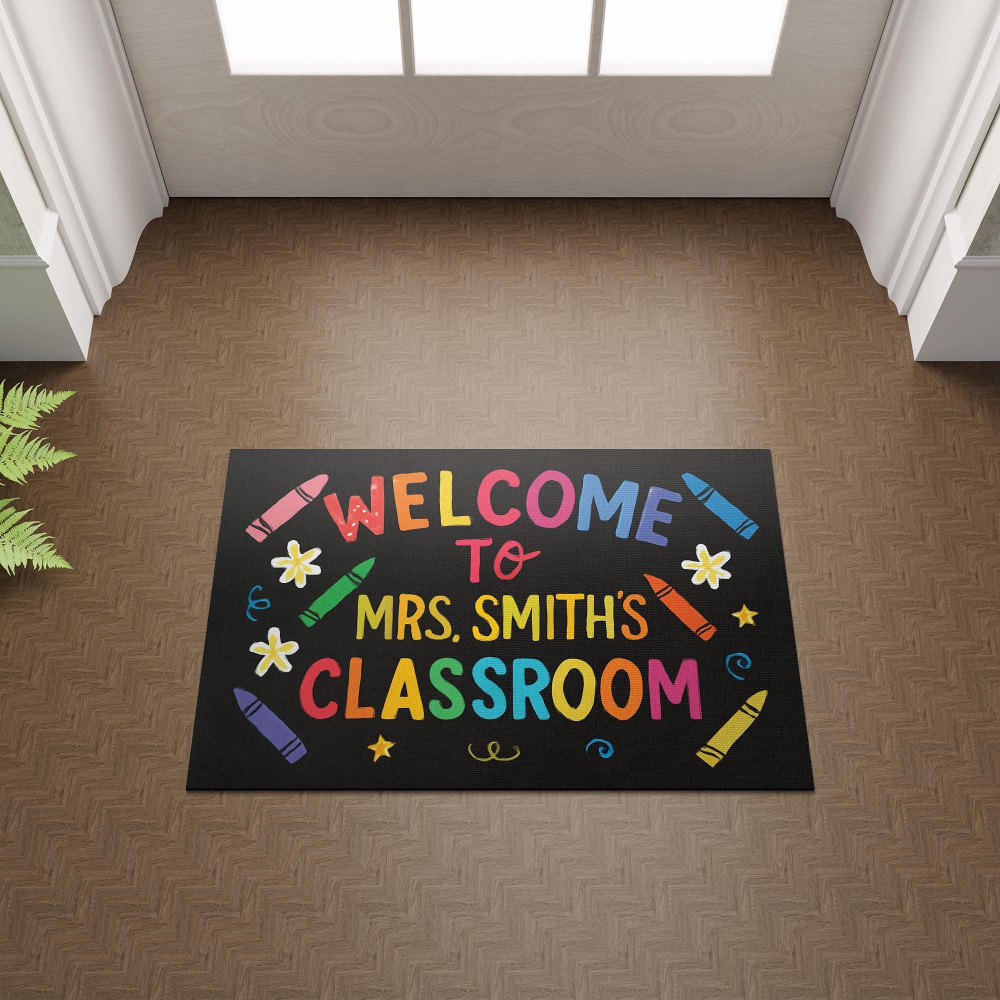 Welcome Mat for Classroom, Personalized Teacher Doormat, Back to School Rug, Cute Door Decor, Teacher Crayon Theme Mat