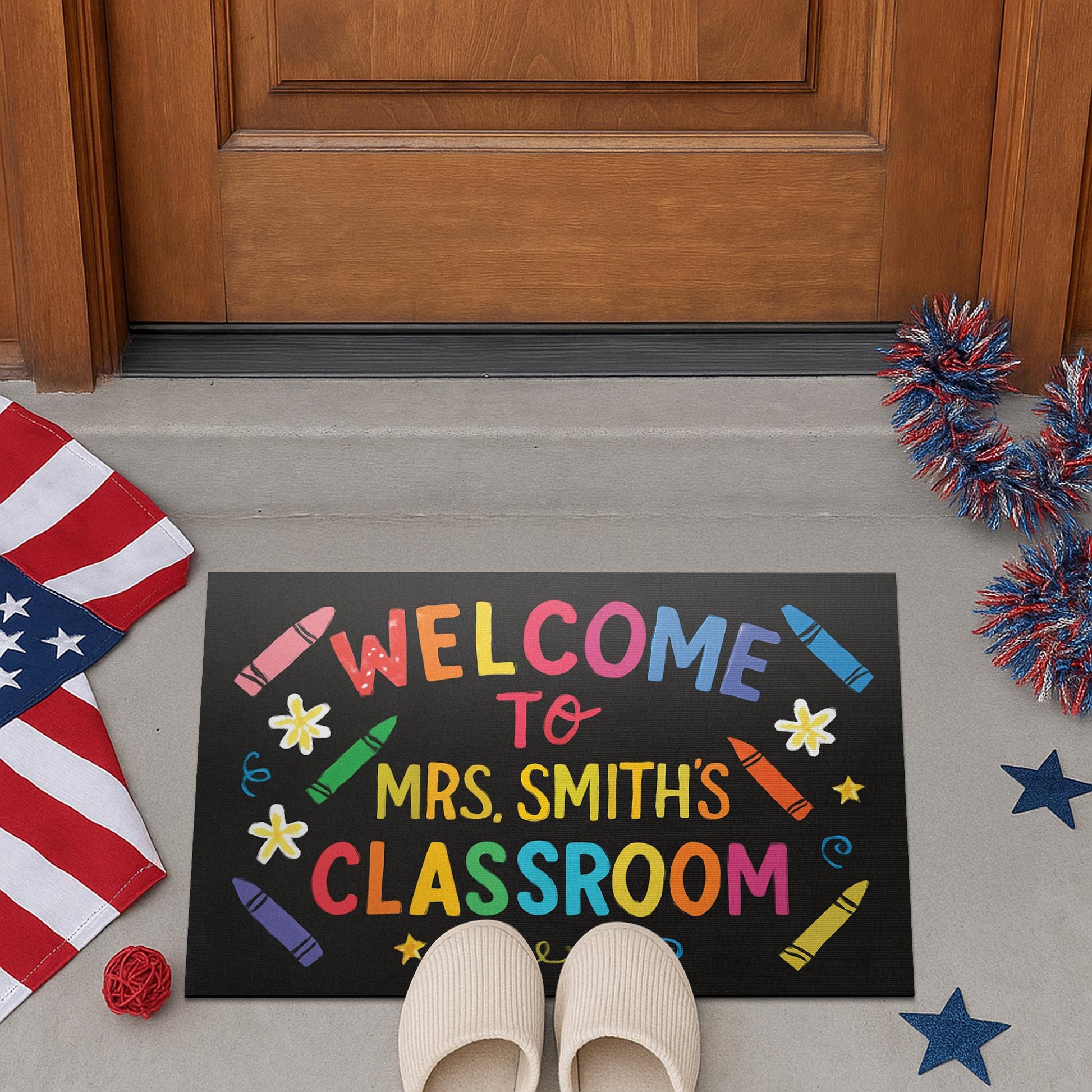 Welcome Mat for Classroom, Personalized Teacher Doormat, Back to School Rug, Cute Door Decor, Teacher Crayon Theme Mat