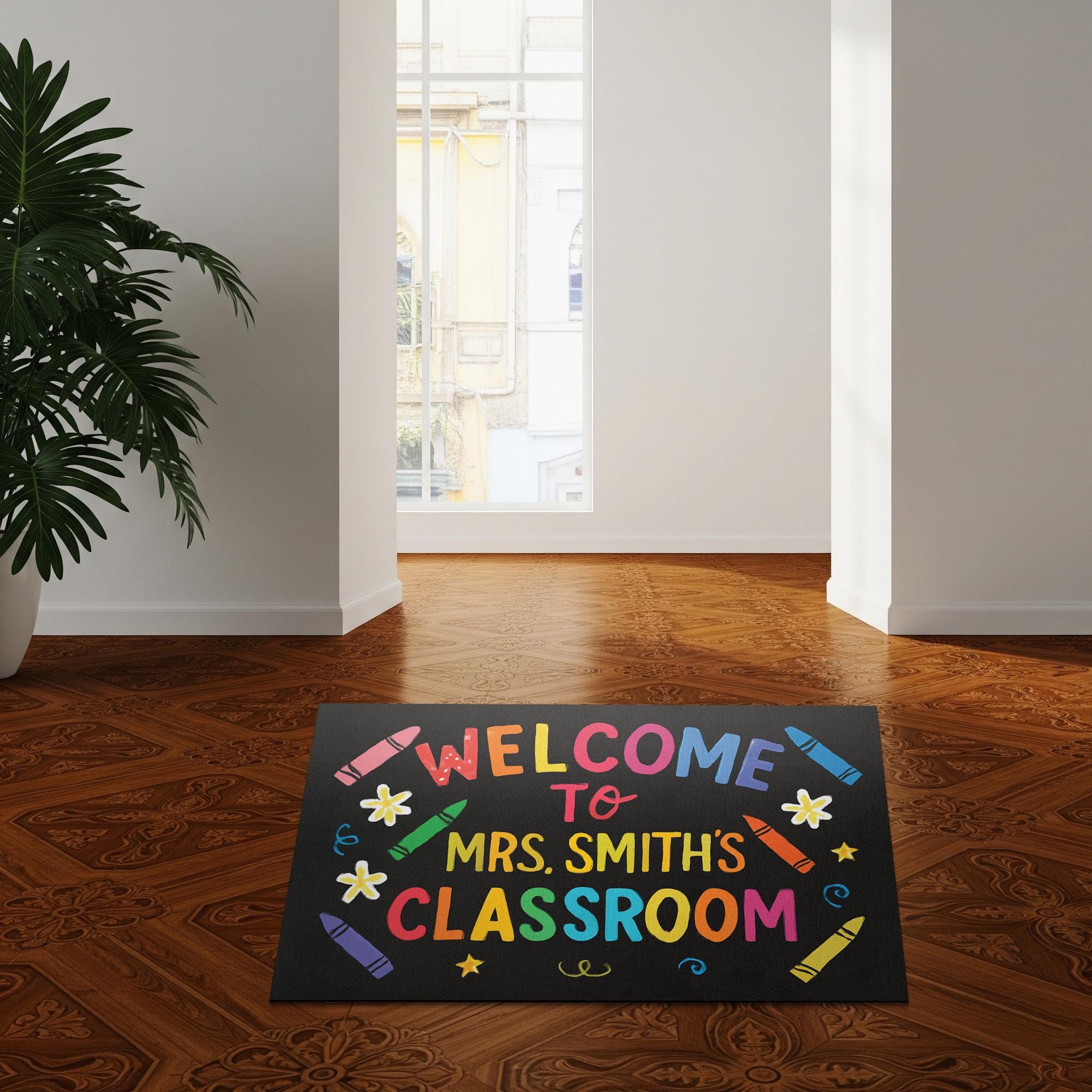Welcome Mat for Classroom, Personalized Teacher Doormat, Back to School Rug, Cute Door Decor, Teacher Crayon Theme Mat