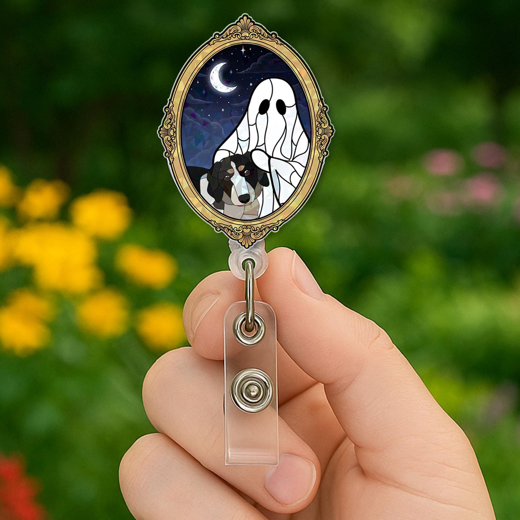 Custom Pet Photo Badge Reel | Holographic Ghost Dog ID Holder | Personalized Animal Name Tag | Halloween Lanyard Clip for Vet Techs & Nurses
