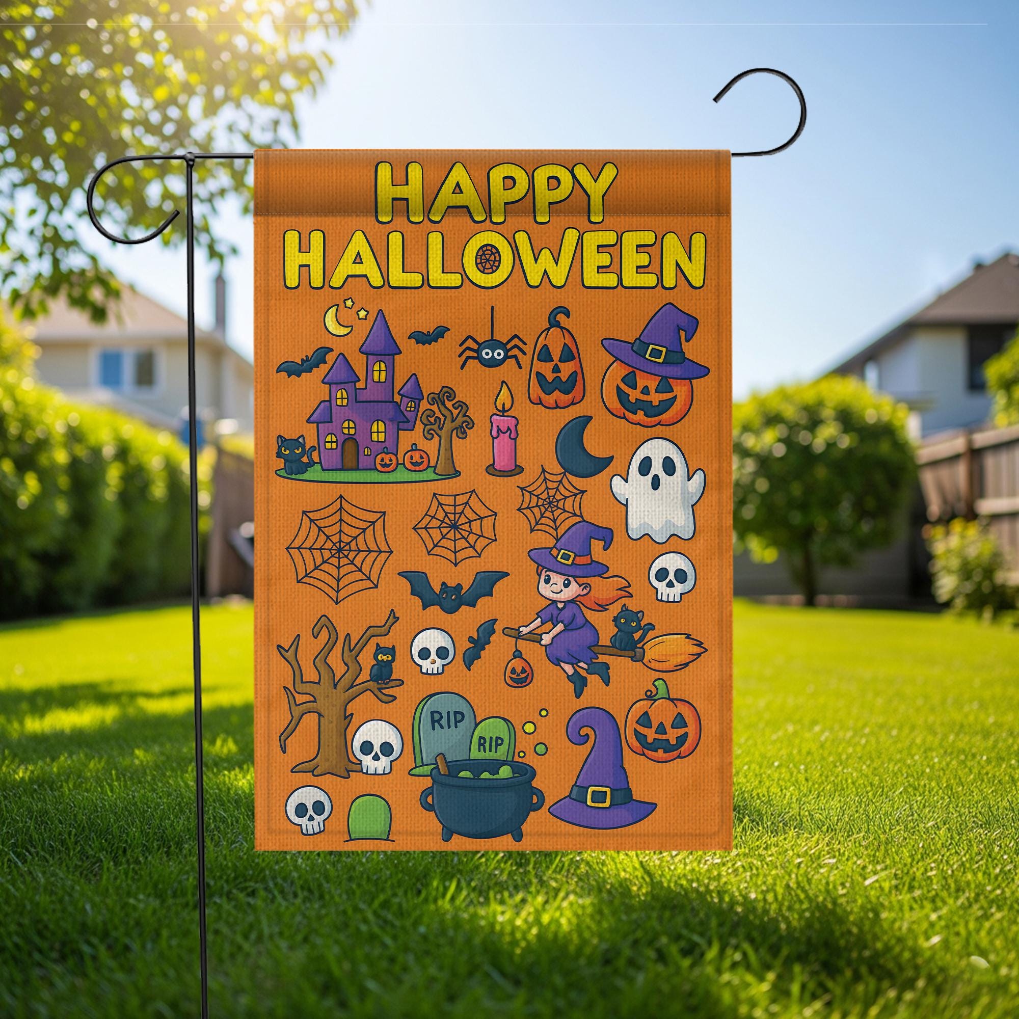 Happy Halloween Garden Flag, Cute Witch Ghost Yard Sign, Spooky Outdoor Decor, Fall Autumn Porch Banner, Double Sided Halloween House Flag
