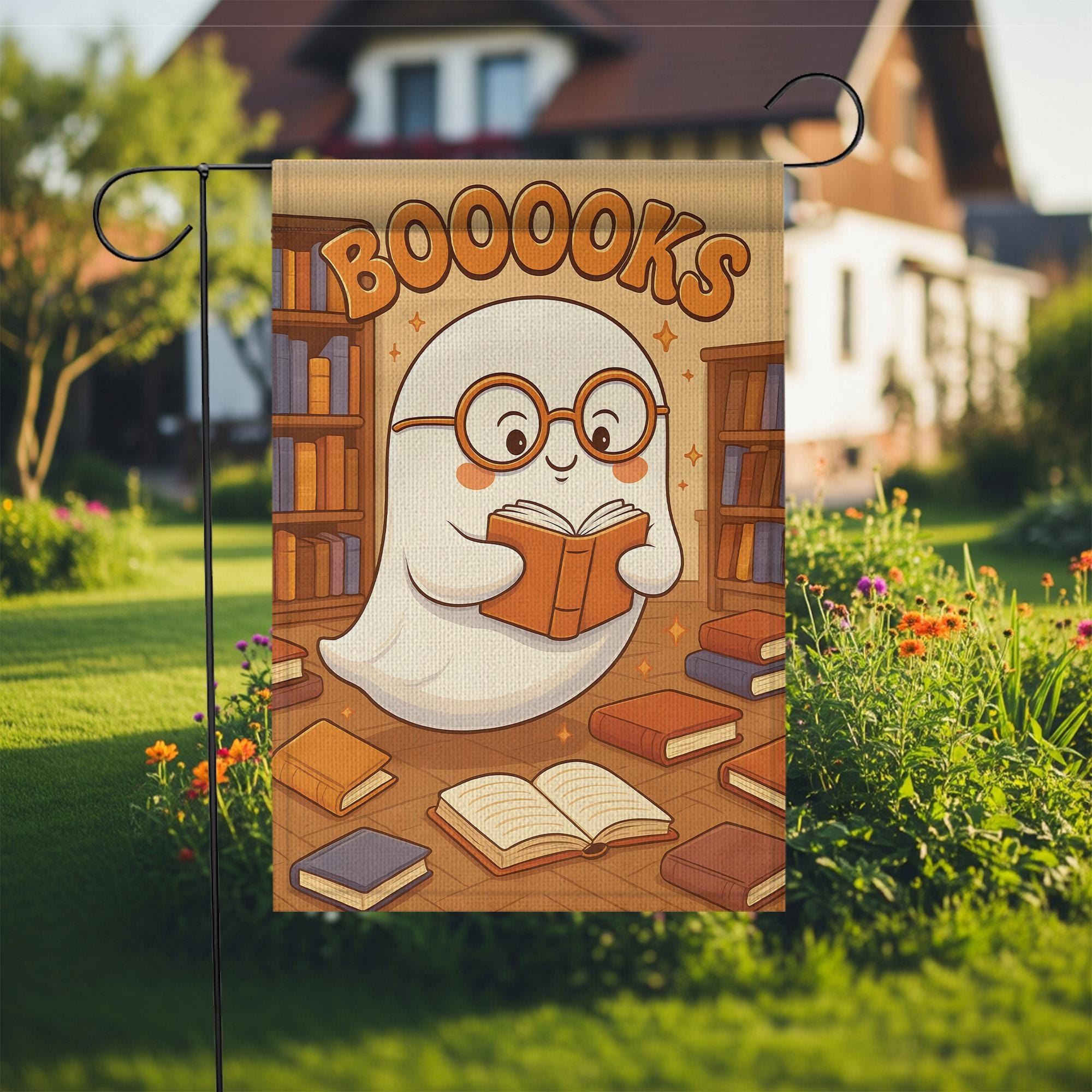 Booooks Ghost Garden Flag, Cute Halloween Decor for Book Lovers, Spooky Season Bookworm Yard Art, Bookish Porch Sign