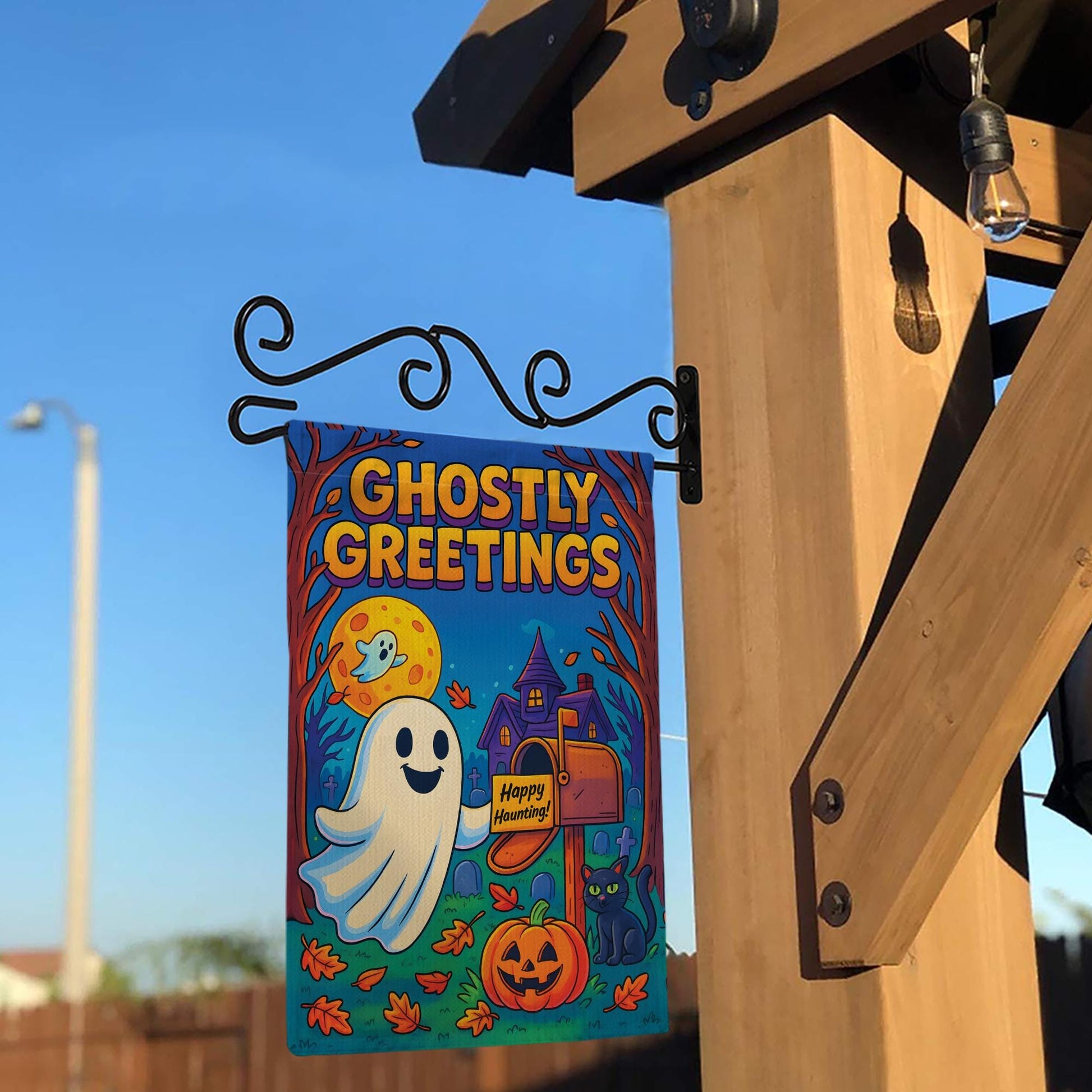 Ghostly Greetings Halloween Garden Flag, Cute Ghost Yard Decor, Spooky Pumpkin & Black Cat Welcome Banner, Outdoor Fall Decoration