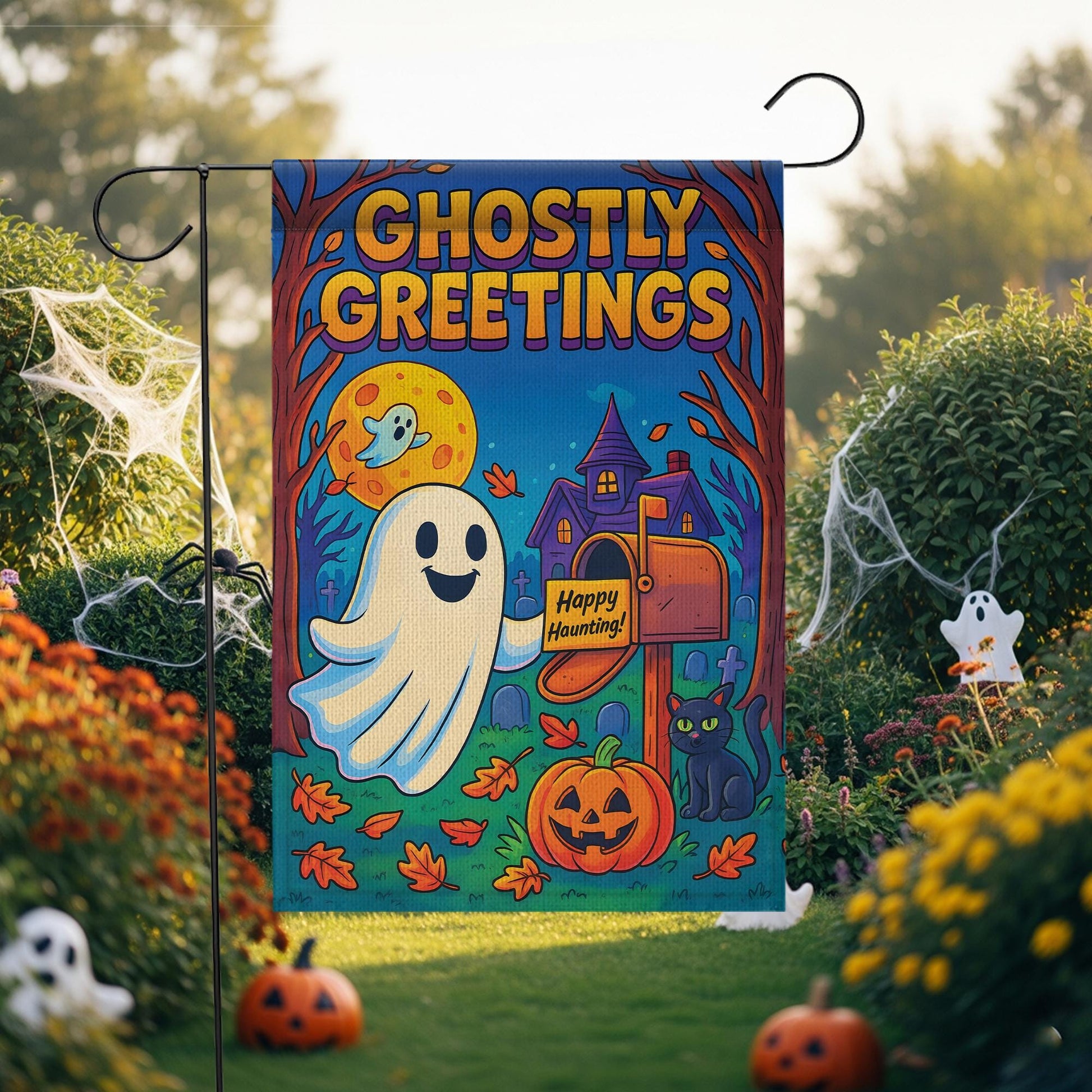 Ghostly Greetings Halloween Garden Flag, Cute Ghost Yard Decor, Spooky Pumpkin & Black Cat Welcome Banner, Outdoor Fall Decoration