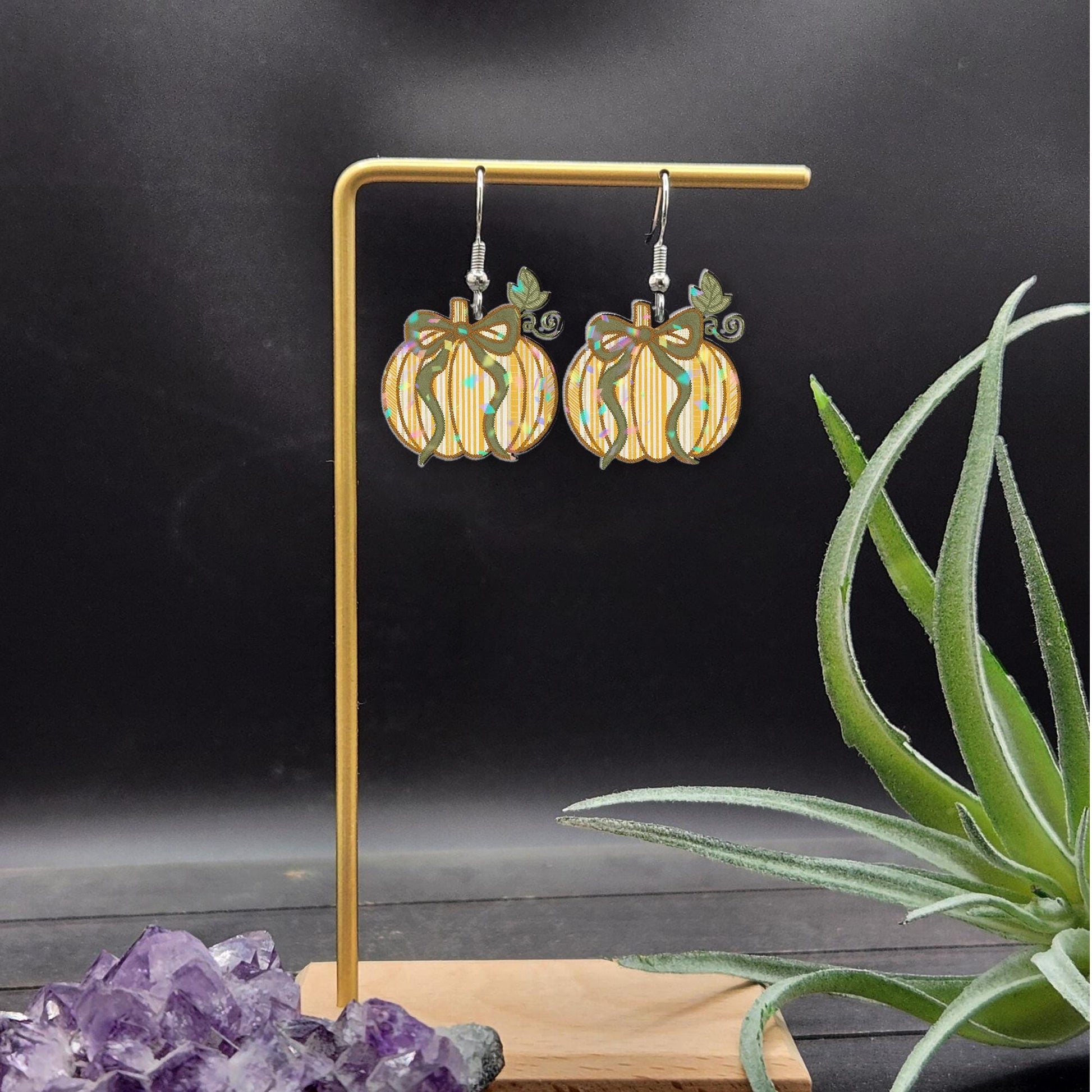 Fall Pumpkin Earrings with Bow - Autumn Stripe Pumpkin Dangle Earrings, Cute Lightweight Fall Jewelry, Thanksgiving Accessory Gift, Novelty