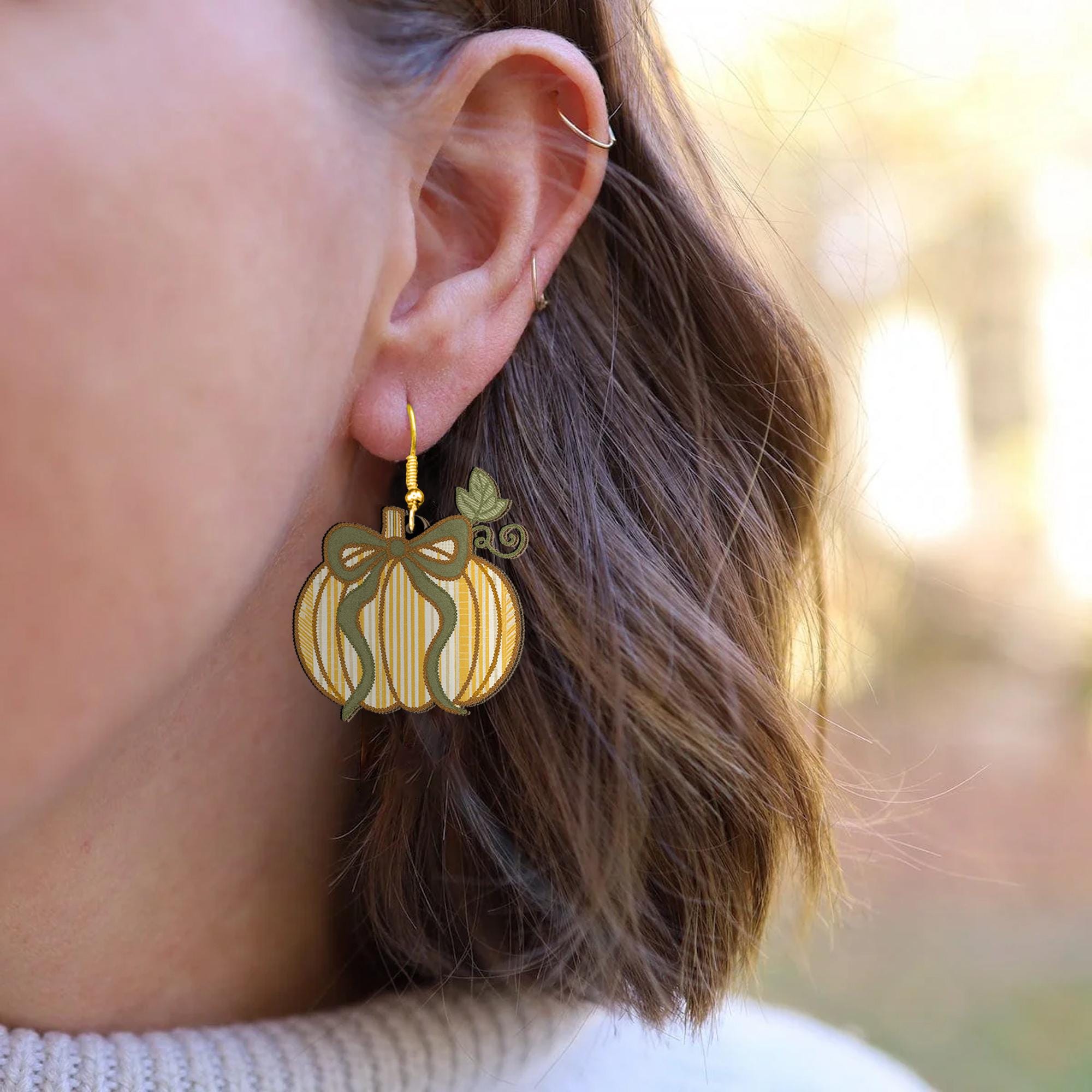 Fall Pumpkin Earrings with Bow - Autumn Stripe Pumpkin Dangle Earrings, Cute Lightweight Fall Jewelry, Thanksgiving Accessory Gift, Novelty