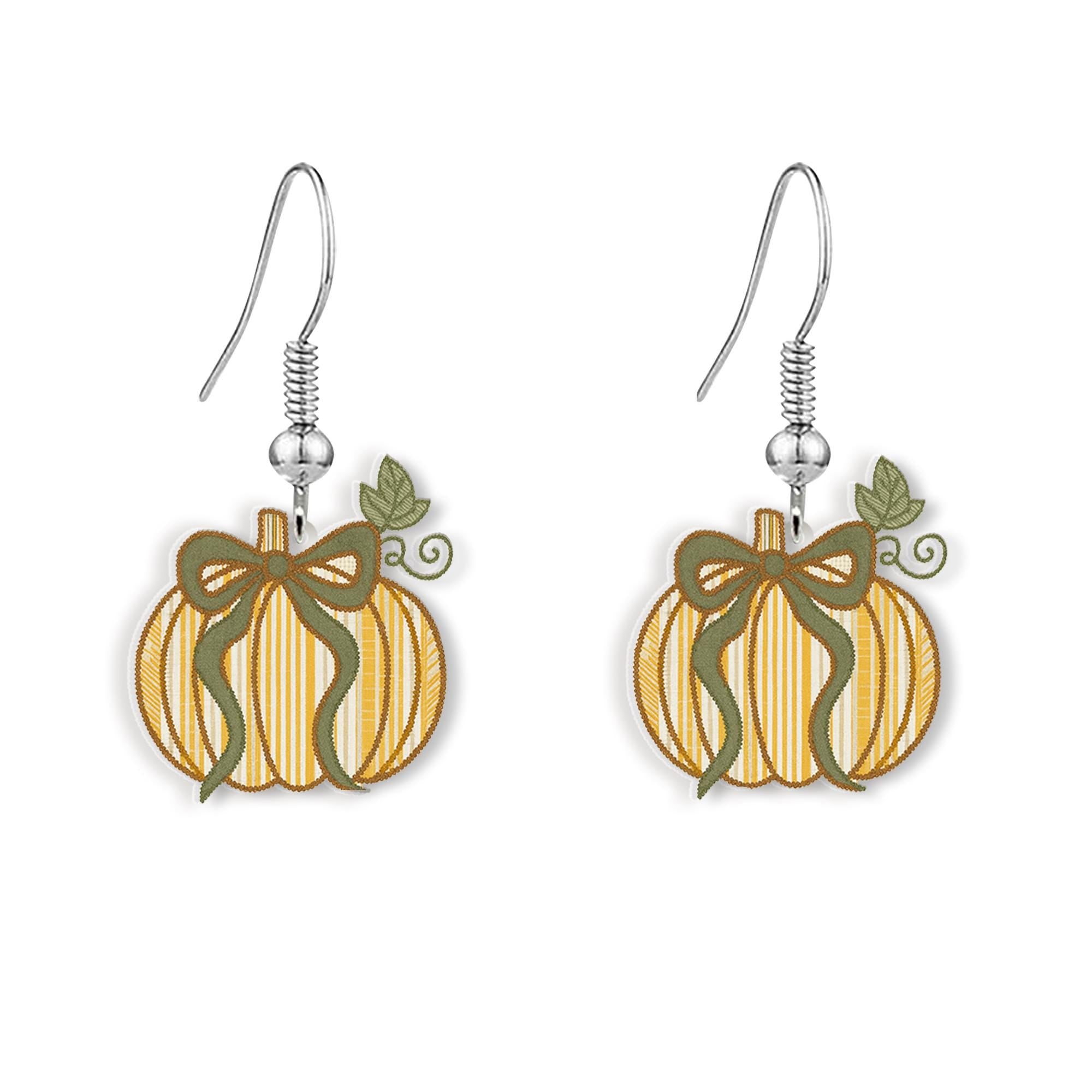 Fall Pumpkin Earrings with Bow - Autumn Stripe Pumpkin Dangle Earrings, Cute Lightweight Fall Jewelry, Thanksgiving Accessory Gift, Novelty