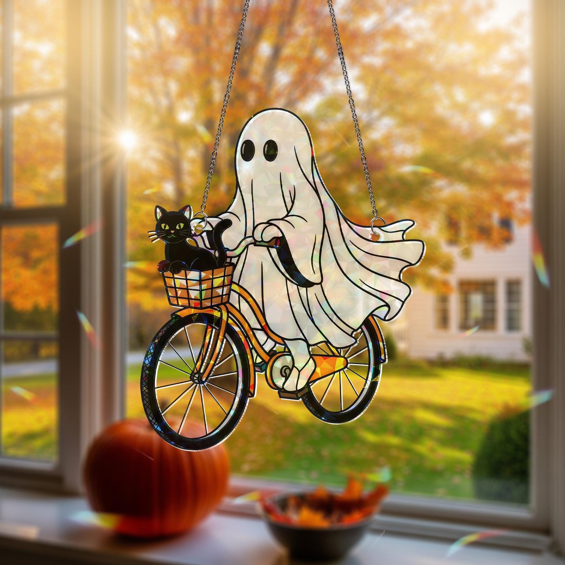 Ghost and Black Cat on Bike Hologram Ornament - Cute Halloween ACRYLIC Window Hanging, Spooky Fall Home Decor, Gothic Black Cat Decor