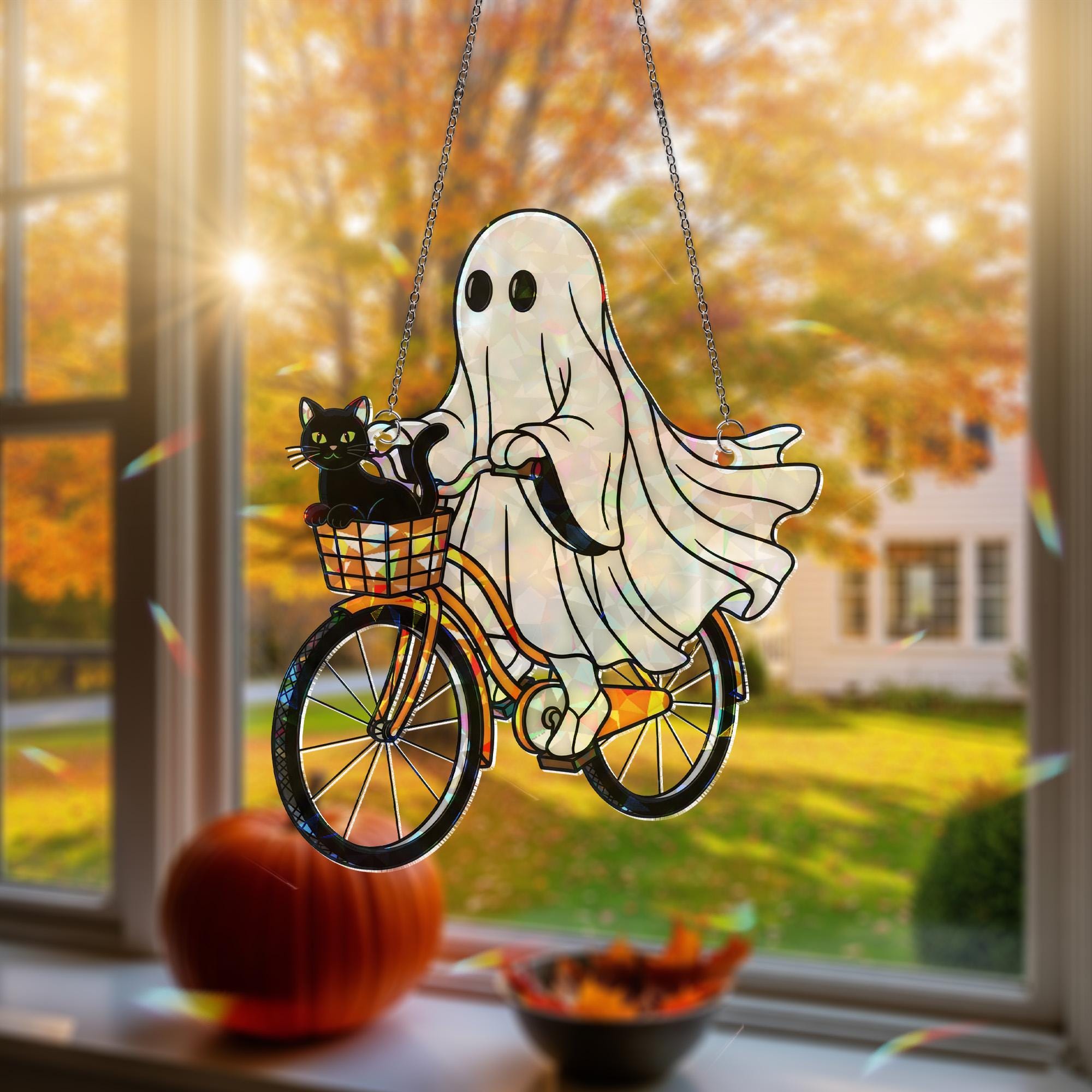 Ghost and Black Cat on Bike Hologram Ornament - Cute Halloween ACRYLIC Window Hanging, Spooky Fall Home Decor, Gothic Black Cat Decor