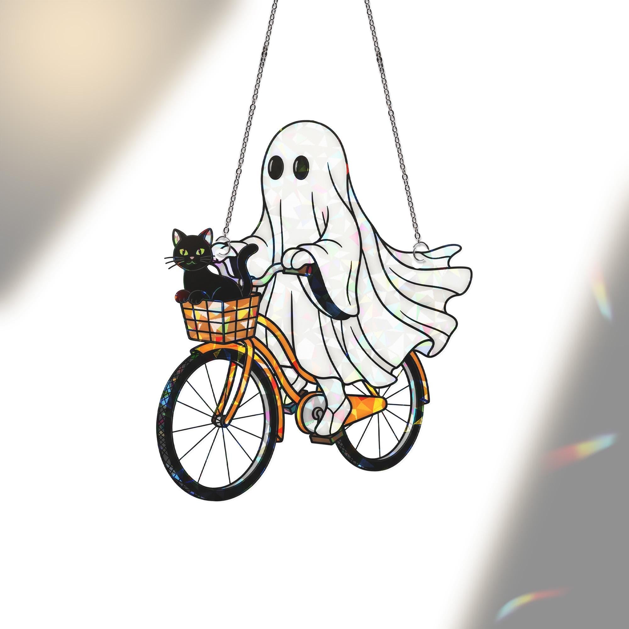 Ghost and Black Cat on Bike Hologram Ornament - Cute Halloween ACRYLIC Window Hanging, Spooky Fall Home Decor, Gothic Black Cat Decor