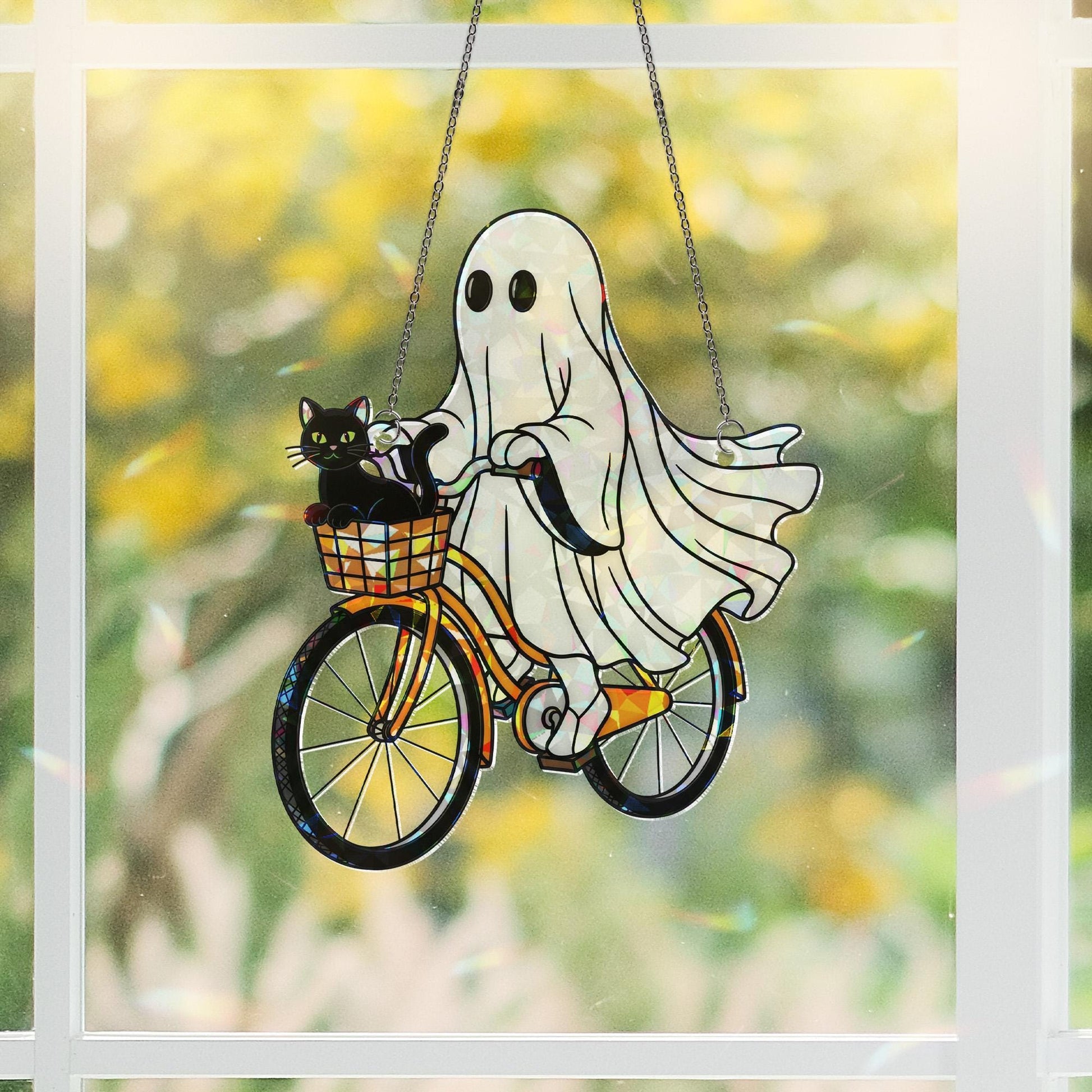 Ghost and Black Cat on Bike Hologram Ornament - Cute Halloween ACRYLIC Window Hanging, Spooky Fall Home Decor, Gothic Black Cat Decor