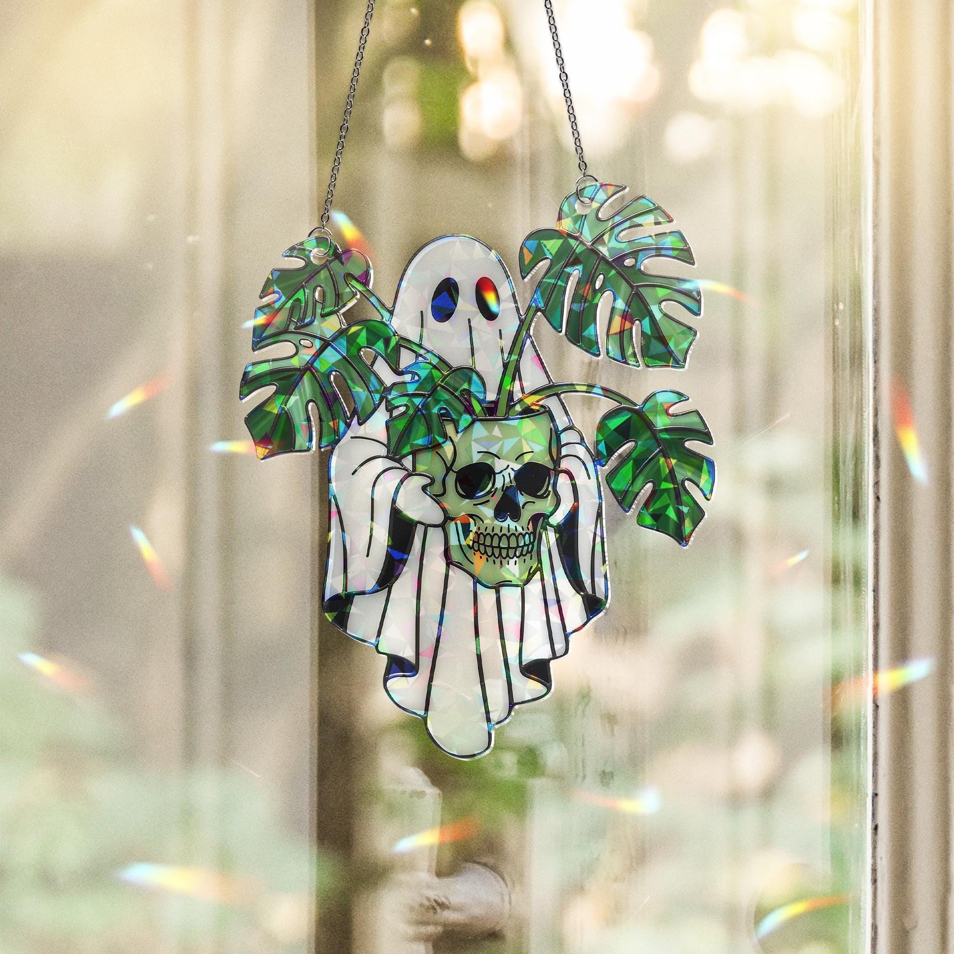 Ghost with Monstera and Skull Hologram Ornament - Gothic Halloween ACRYLIC Window Hanging, Spooky Plant Lover Decor, Creepy Cute Gift