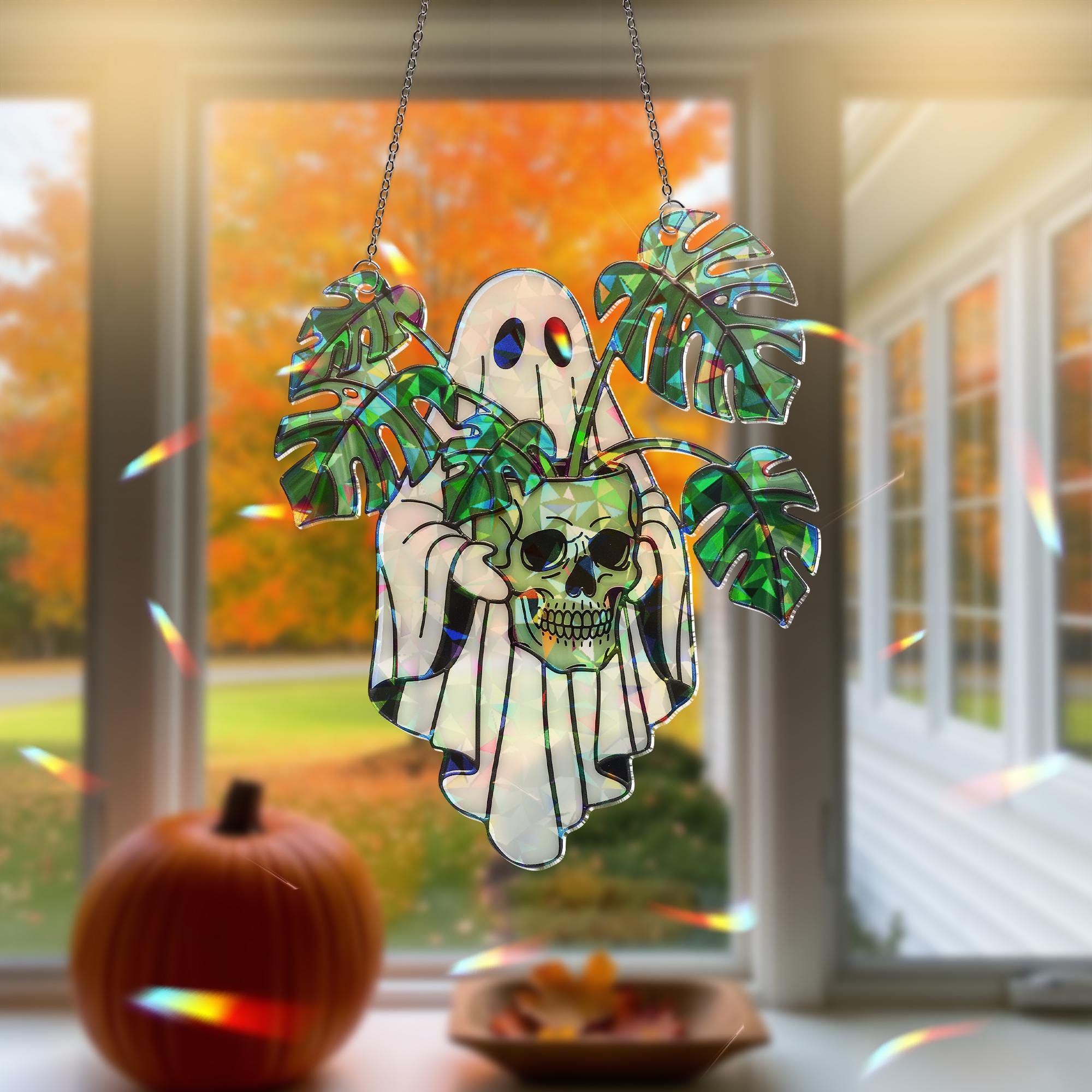 Ghost with Monstera and Skull Hologram Ornament - Gothic Halloween ACRYLIC Window Hanging, Spooky Plant Lover Decor, Creepy Cute Gift