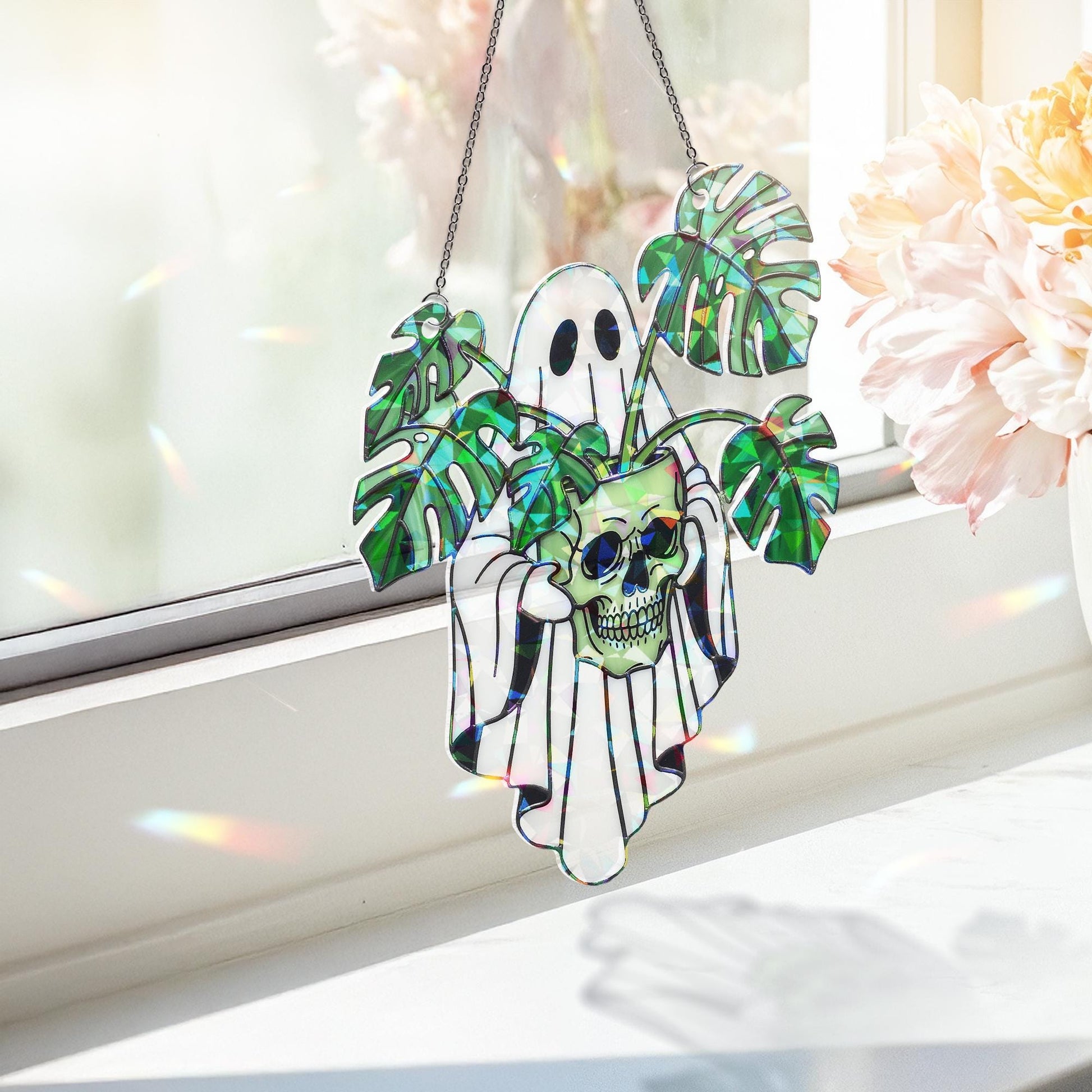 Ghost with Monstera and Skull Hologram Ornament - Gothic Halloween ACRYLIC Window Hanging, Spooky Plant Lover Decor, Creepy Cute Gift