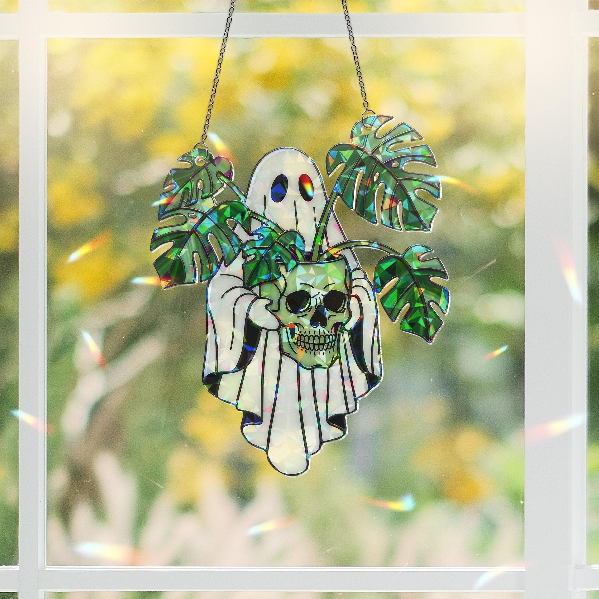 Ghost with Monstera and Skull Hologram Ornament - Gothic Halloween ACRYLIC Window Hanging, Spooky Plant Lover Decor, Creepy Cute Gift