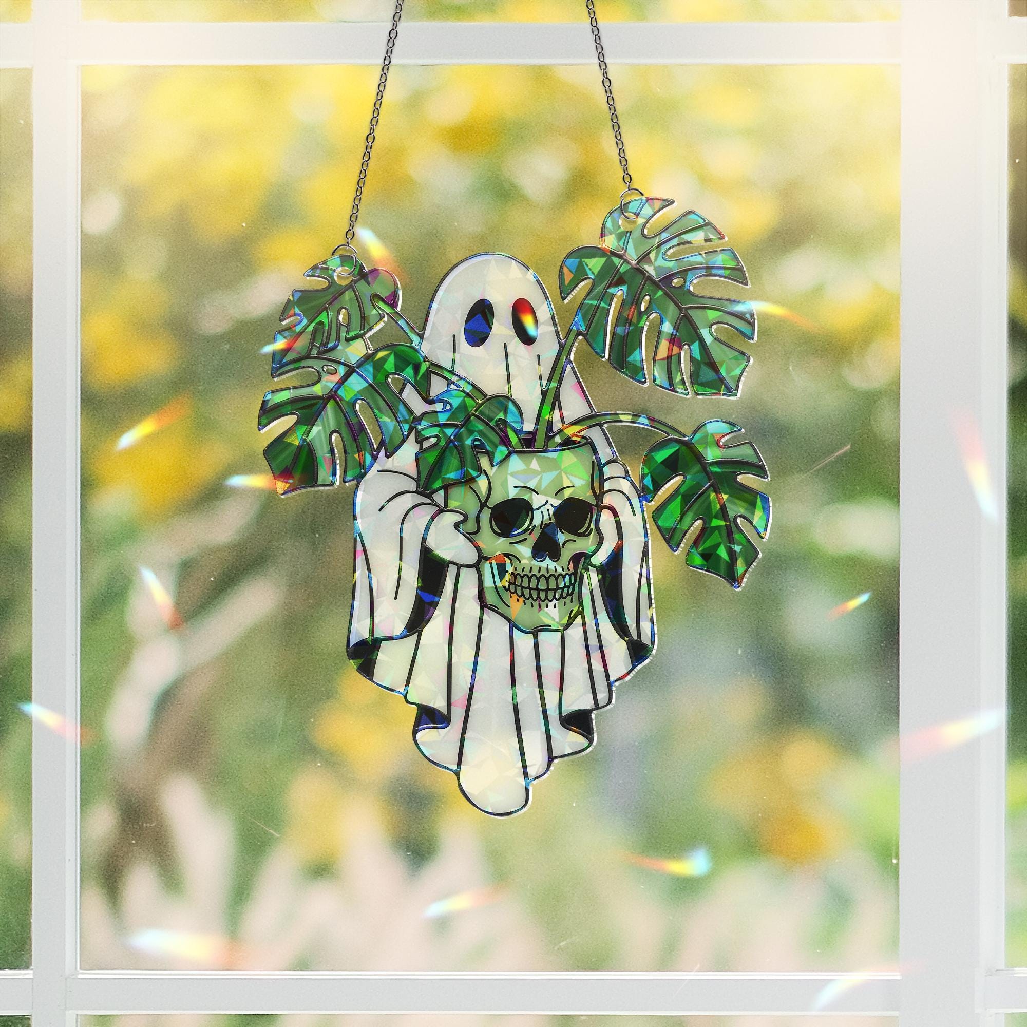 Ghost with Monstera and Skull Hologram Ornament - Gothic Halloween ACRYLIC Window Hanging, Spooky Plant Lover Decor, Creepy Cute Gift