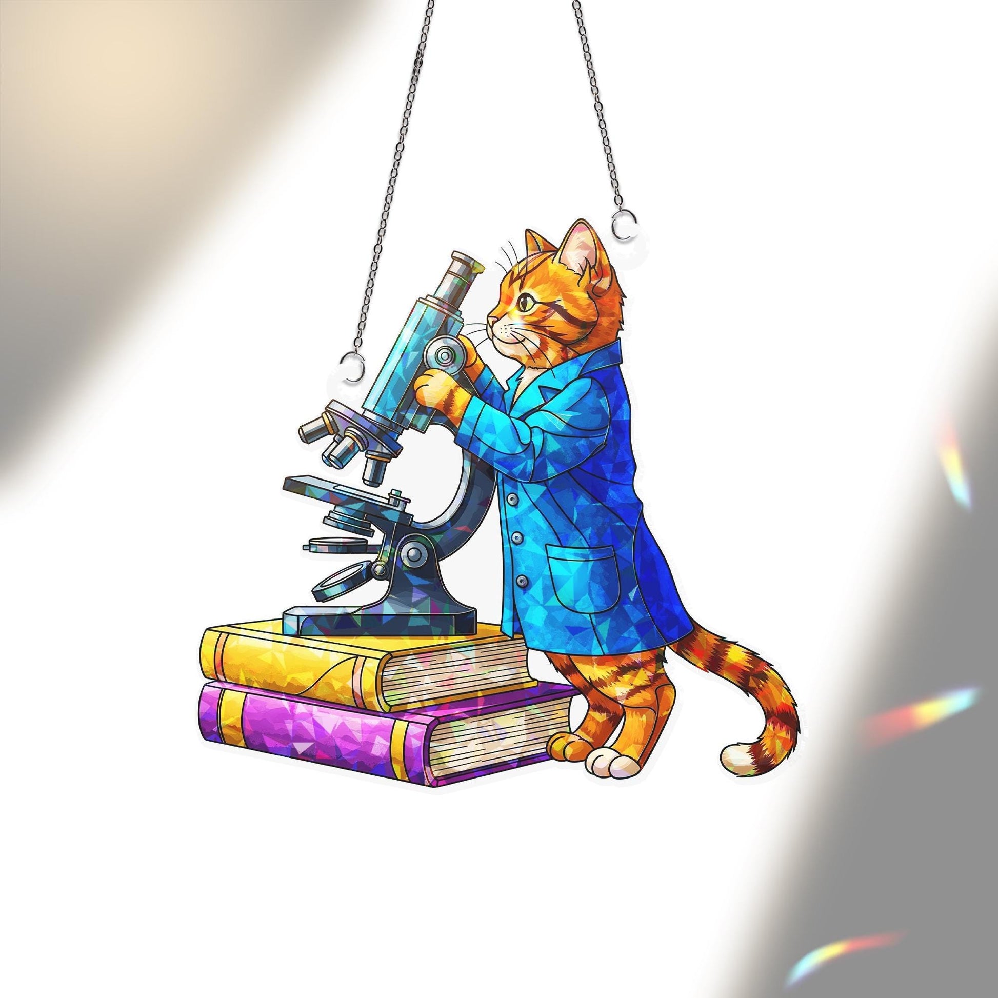 Scientist Cat ACRYLIC Hologram Ornament - Classroom Decor with Microscope, Books, Cute Gift for Teachers, Science Lovers, Cat Teacher Decor