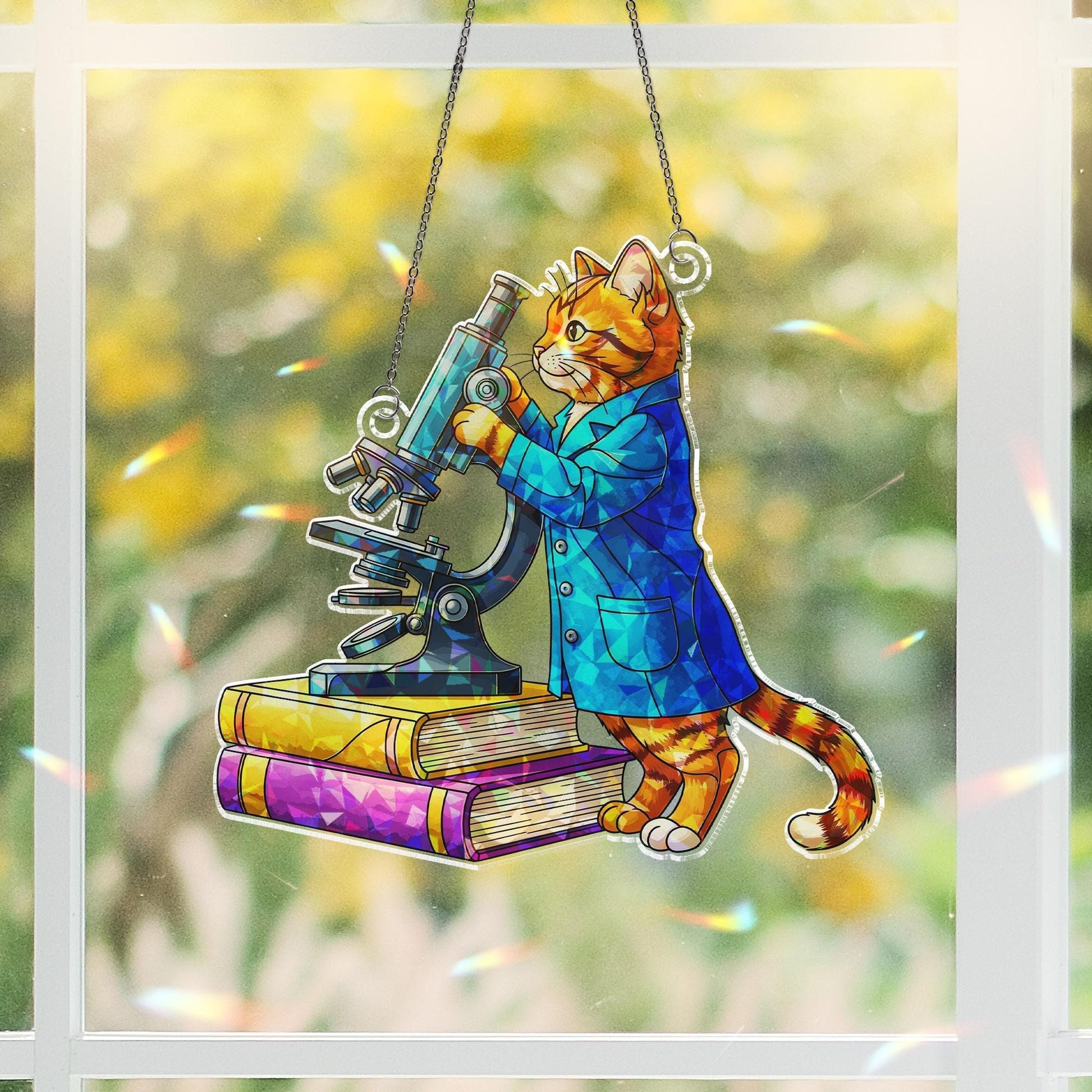 Scientist Cat ACRYLIC Hologram Ornament - Classroom Decor with Microscope, Books, Cute Gift for Teachers, Science Lovers, Cat Teacher Decor