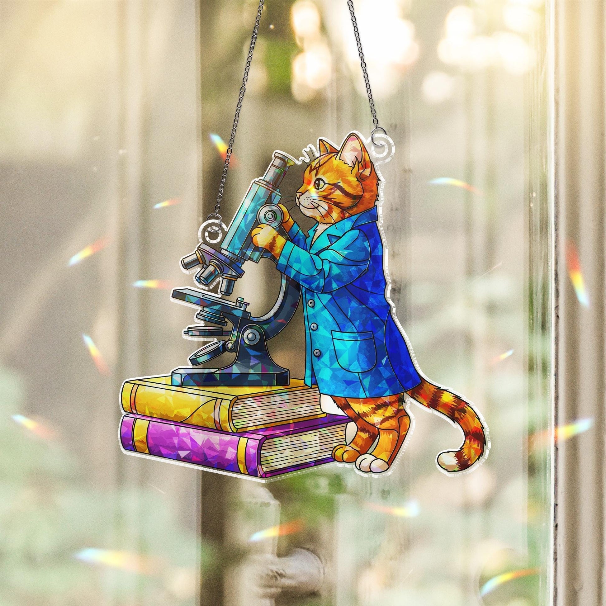 Scientist Cat ACRYLIC Hologram Ornament - Classroom Decor with Microscope, Books, Cute Gift for Teachers, Science Lovers, Cat Teacher Decor