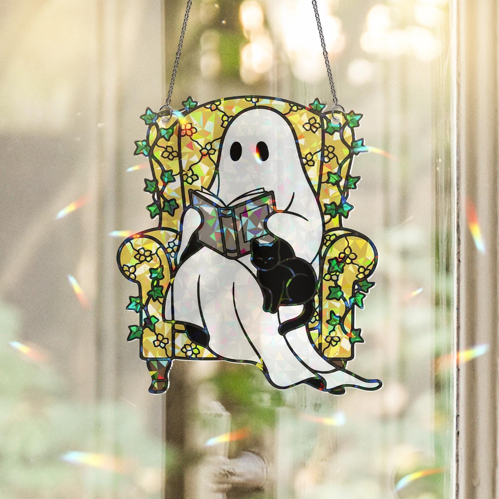 Ghost Reading with Cat Hologram Ornament - Cozy ACRYLIC Window Hanging, Spooky Cute Book Lover Decor, Halloween Ghost Cat Ornament