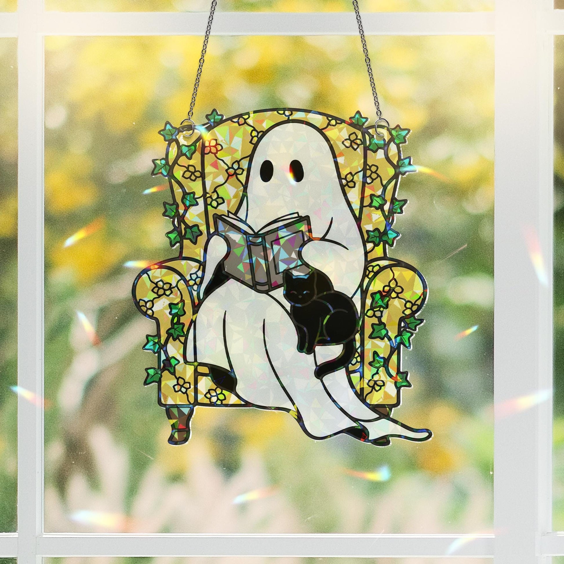 Ghost Reading with Cat Hologram Ornament - Cozy ACRYLIC Window Hanging, Spooky Cute Book Lover Decor, Halloween Ghost Cat Ornament