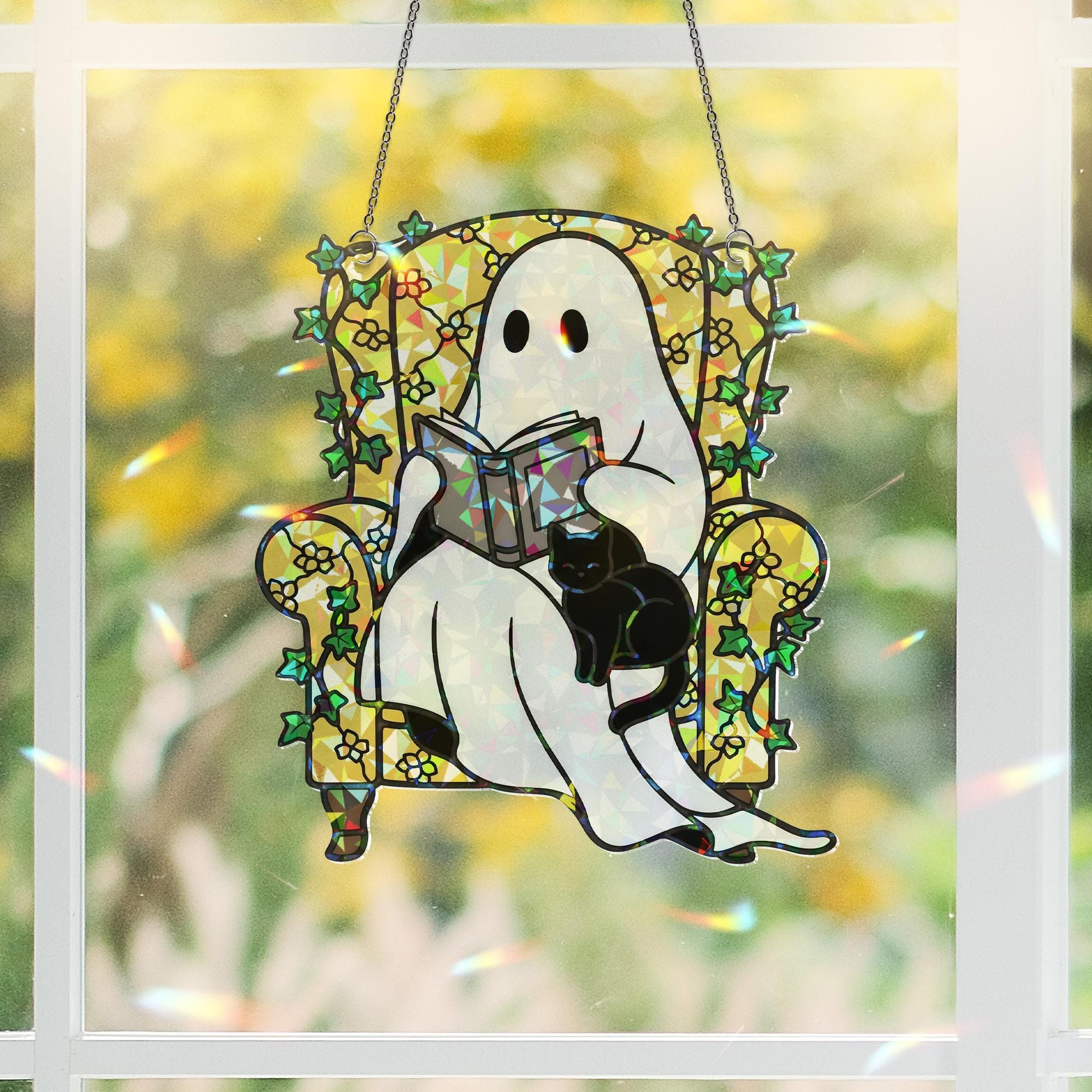 Ghost Reading with Cat Hologram Ornament - Cozy ACRYLIC Window Hanging, Spooky Cute Book Lover Decor, Halloween Ghost Cat Ornament