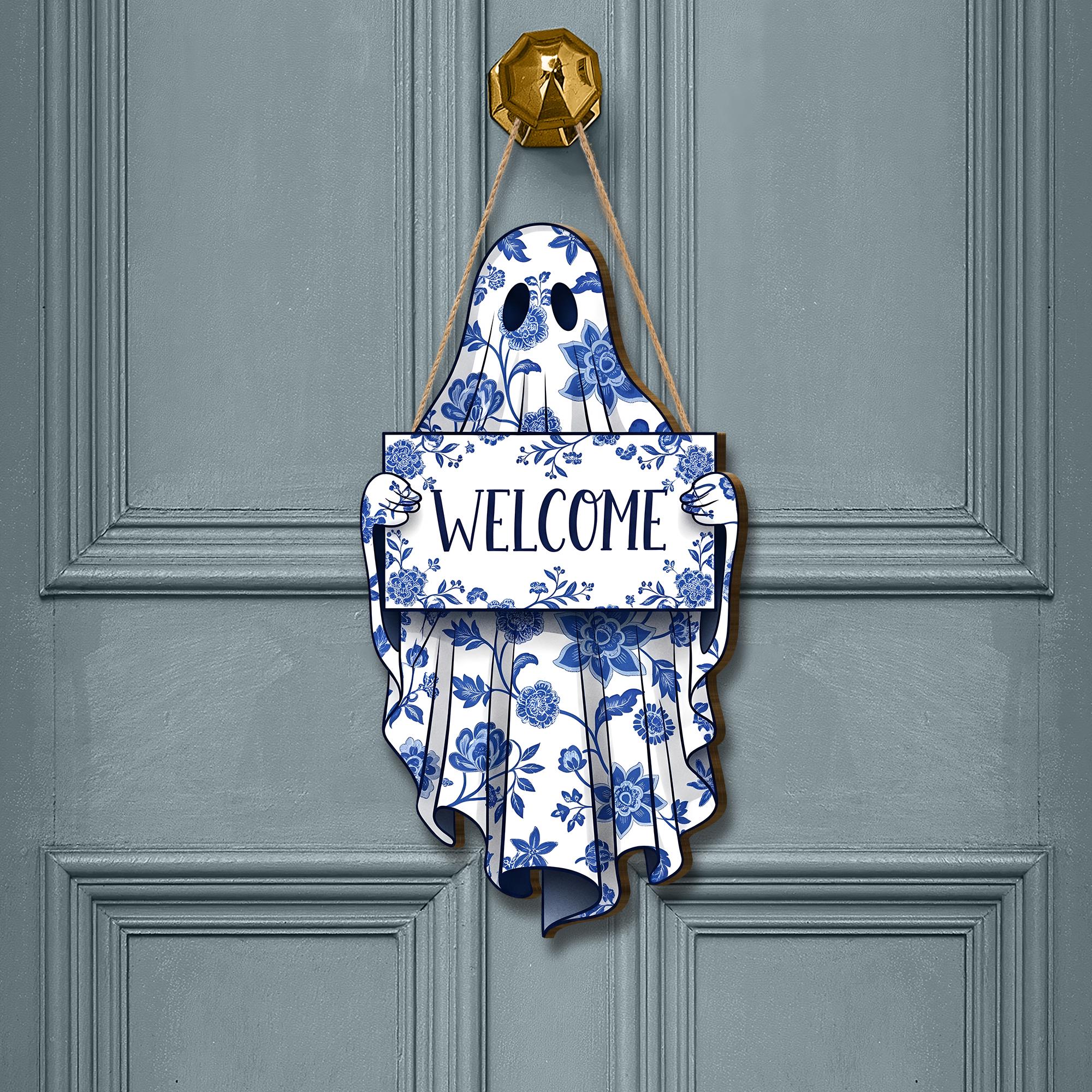 Chinoiserie Ghost Welcome Sign, Blue and White Floral Halloween Decor, Spooky Cottagecore Wooden Door Hanger, Grandmillennial Front Door Art