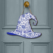 Wicked Welcome Witch Hat Sign, Blue and White Chinoiserie Door Hanger, Elegant Halloween Decor for Front Door, Grandmillennial Spooky Art