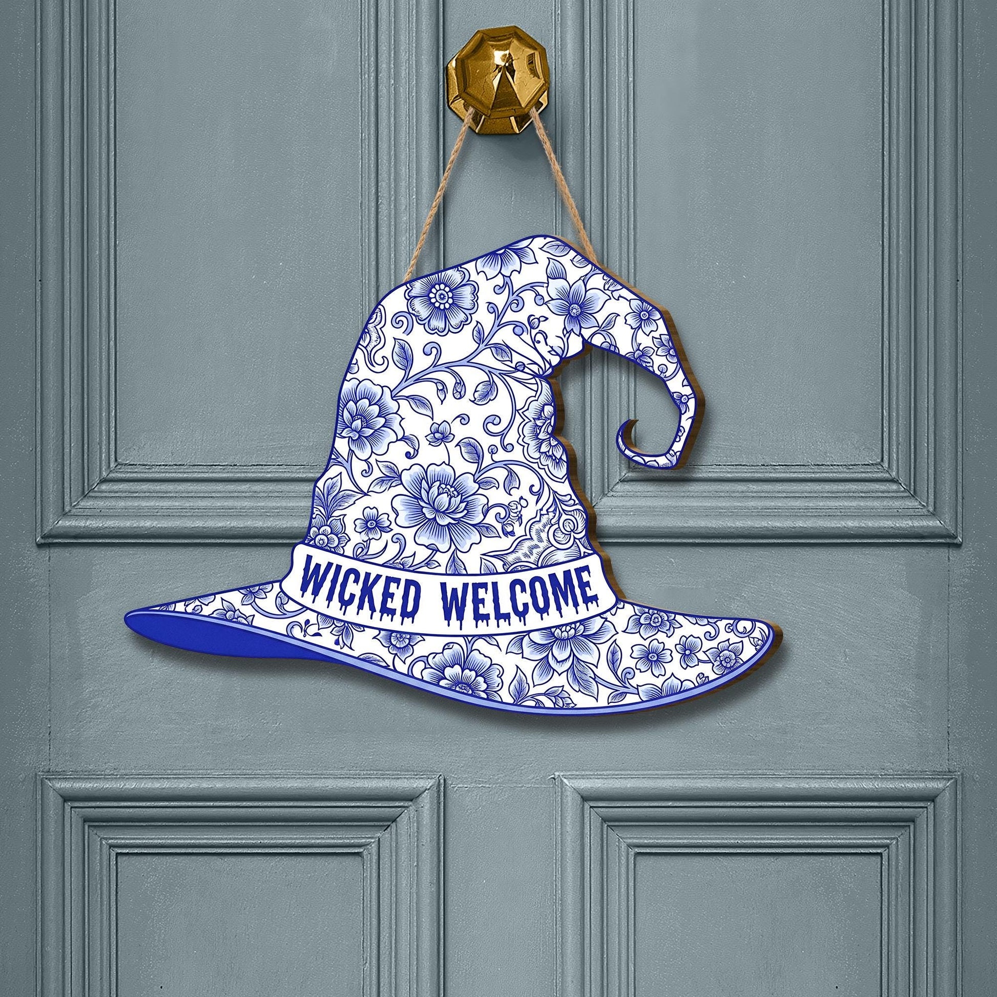 Wicked Welcome Witch Hat Sign, Blue and White Chinoiserie Door Hanger, Elegant Halloween Decor for Front Door, Grandmillennial Spooky Art