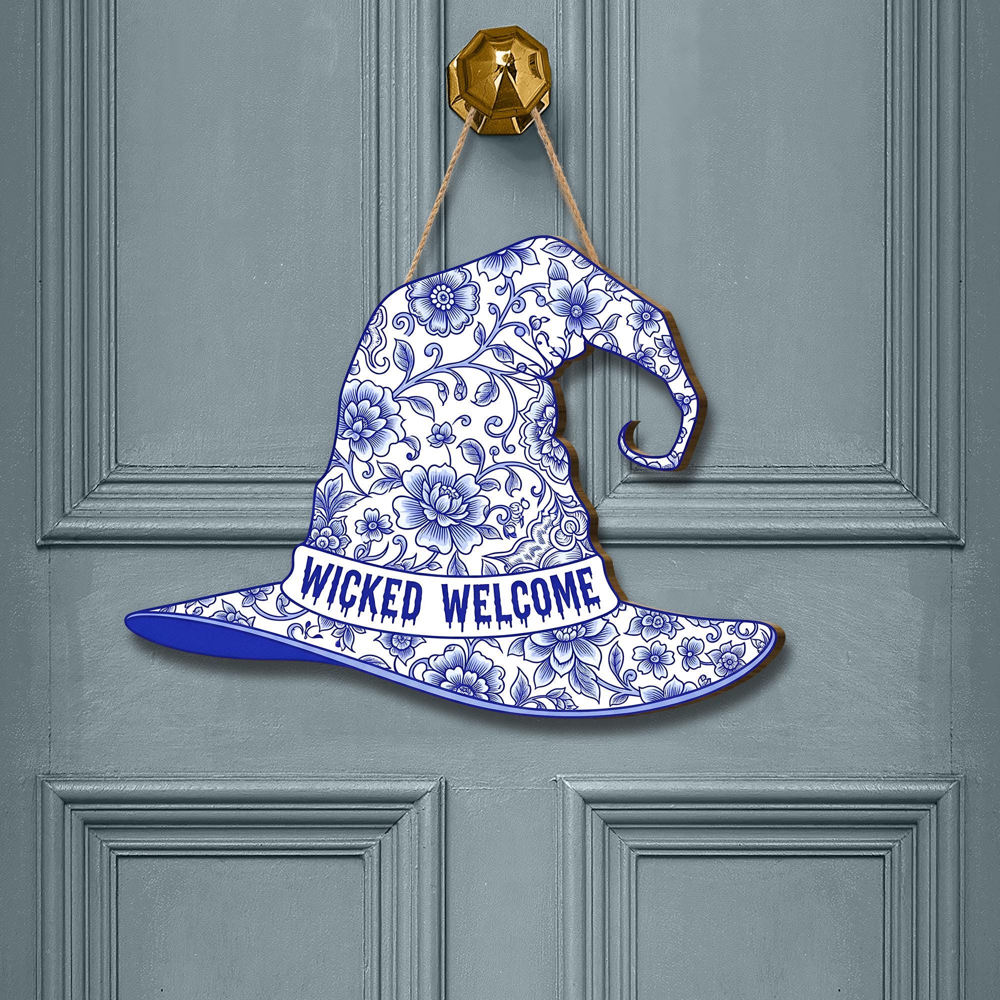 Wicked Welcome Witch Hat Sign, Blue and White Chinoiserie Door Hanger, Elegant Halloween Decor for Front Door, Grandmillennial Spooky Art